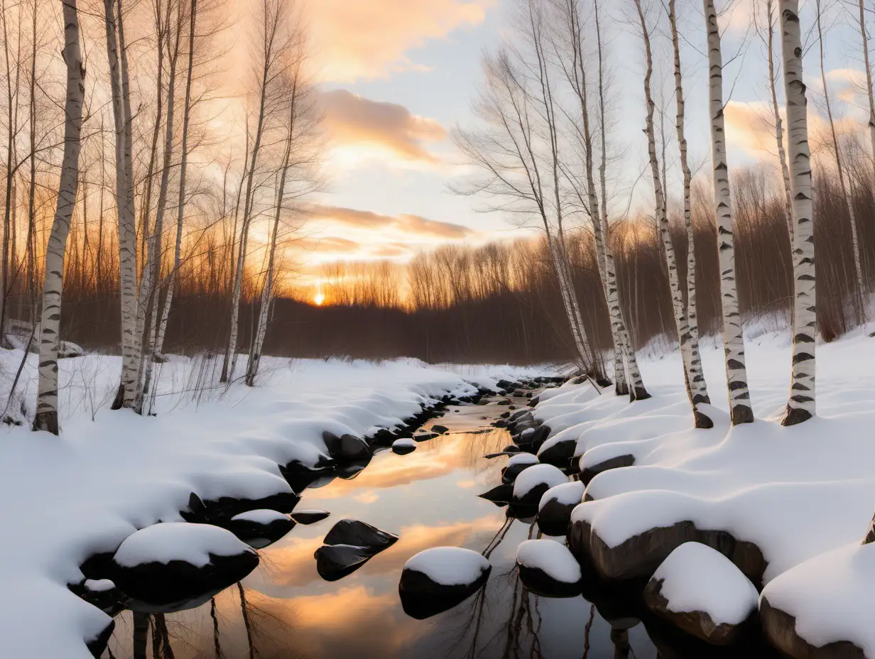 snowy creek with white birch trees lining both sides, cloudy warm winter sunset, rocks at the water's edge, reflective water
