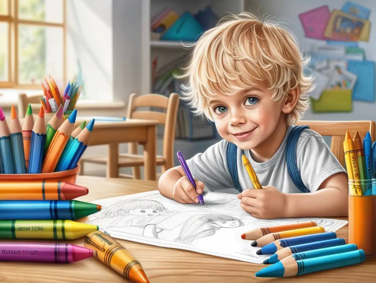 Happy Blond Child Engaged in Creative Play with Crayons and Papers