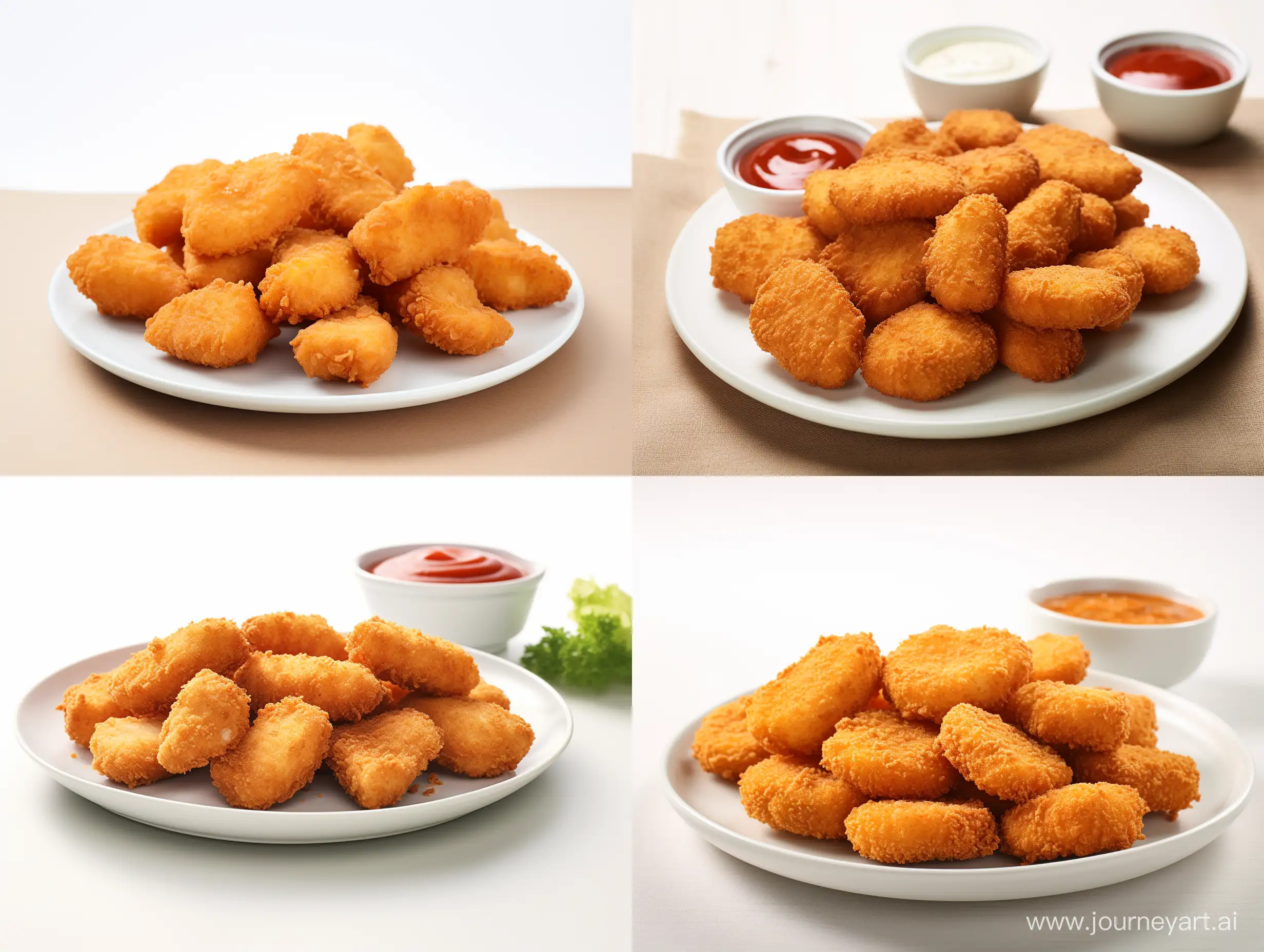 A closeup marketing photo of 8 crispy nuggets on a white plate, front view, white background, studio shot with a Canon DSLR and 105mm f/2.8G IF-ED VR Micro lens, photorealistic, ground-level shot, natural light, depth of field, macro landscape photograph — q 0.5 — s 250
