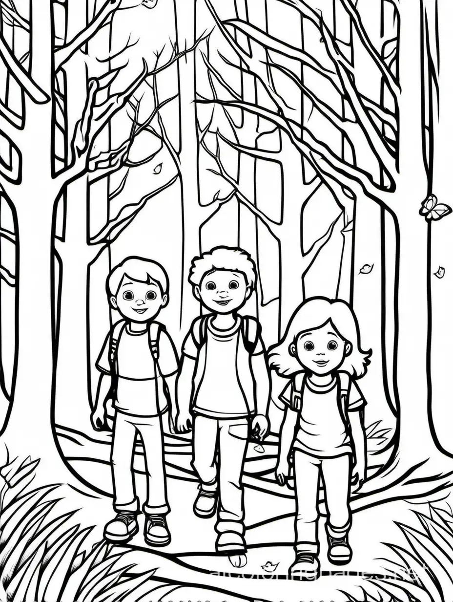 kids lost and stay calm in the woods, Coloring Page, black and white, line art, white background, Simplicity, Ample White Space. The background of the coloring page is plain white to make it easy for young children to color within the lines. The outlines of all the subjects are easy to distinguish, making it simple for kids to color without too much difficulty