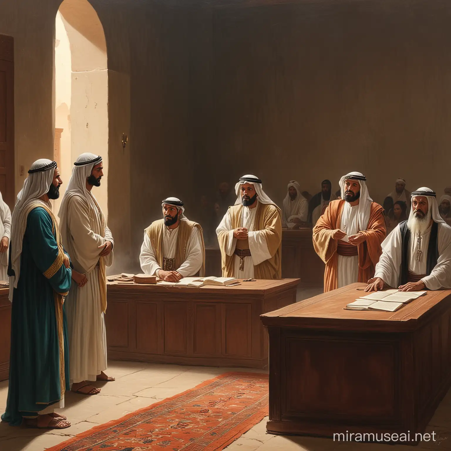 600AD Arabian meeting small group in room, in judging court with one man get shock by the judge decission
