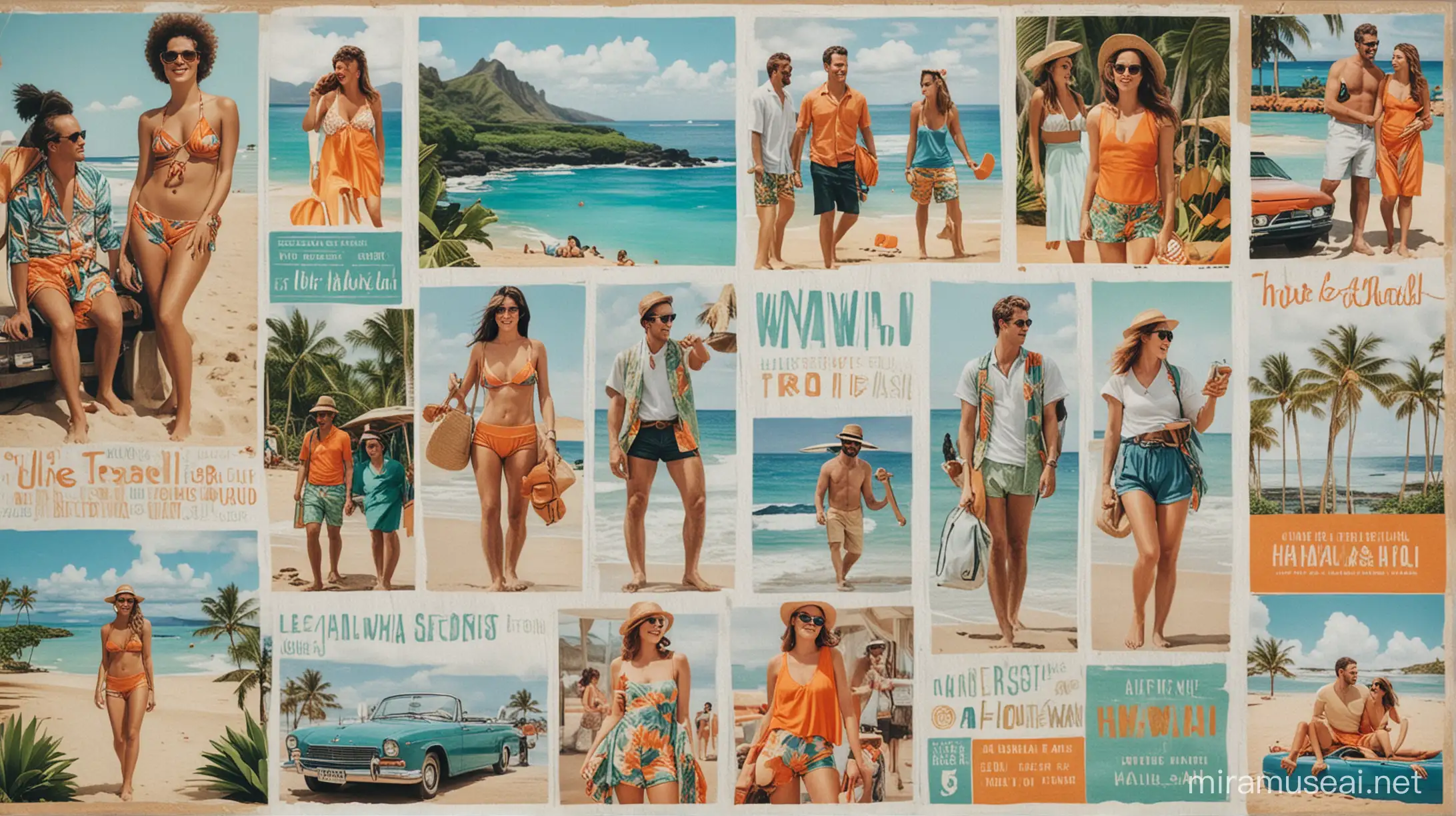 moodboard for travel to hawaii use blue green and orange colours with typography and colour palette. Let a woman and a man tourist too.