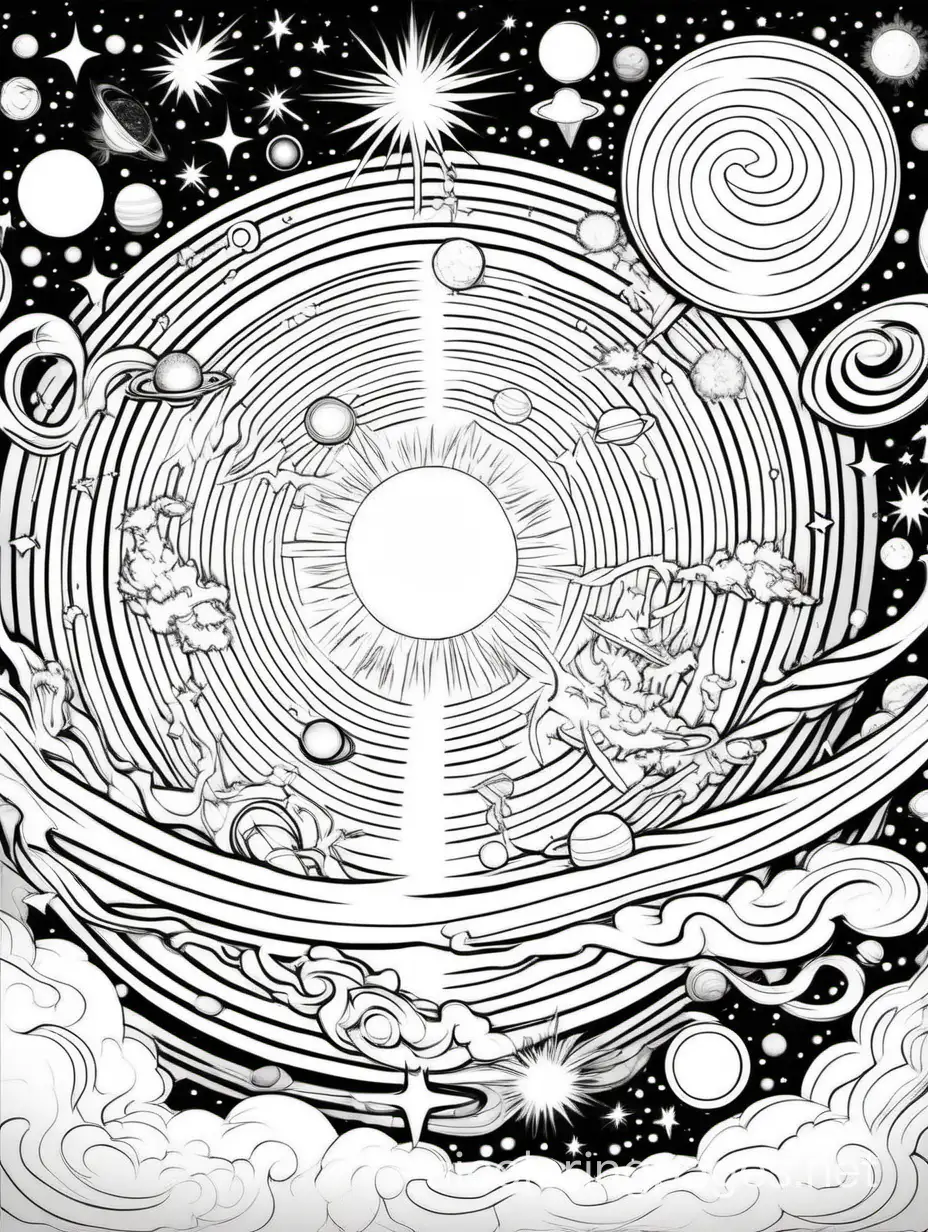  Illustrate a scene depicting the moment of creation, inspired by creation myths from different religious traditions. Show a cosmic burst of light and energy emanating from a central source, surrounded by swirling galaxies, stars, and planets., Coloring Page, black and white, line art, white background, Simplicity, Ample White Space. The background of the coloring page is plain white to make it easy for young children to color within the lines. The outlines of all the subjects are easy to distinguish, making it simple for kids to color without too much difficulty