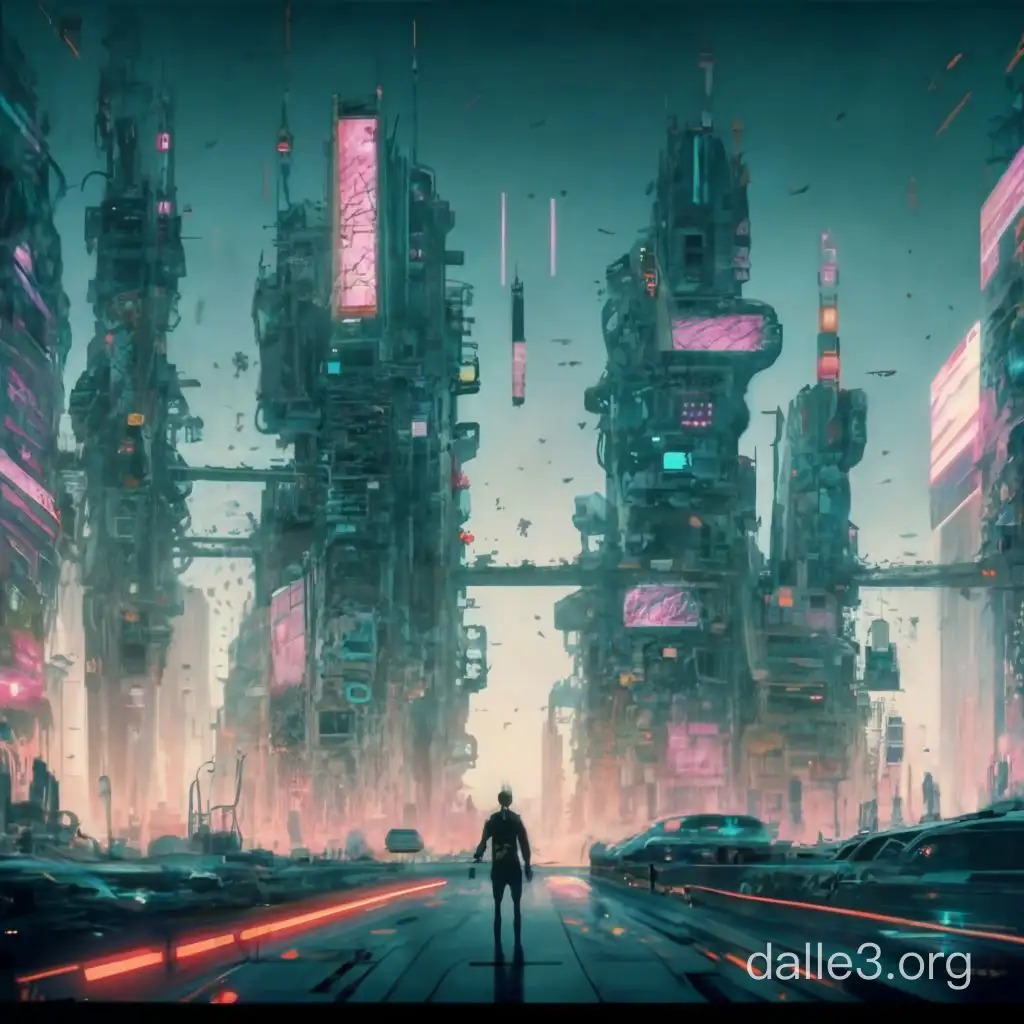 Subject: The main subject of the image is a sprawling megacity set in a futuristic cyberpunk world. This megacity is characterized by towering skyscrapers, interconnected highways, and densely packed urban structures. It portrays a high-tech environment filled with advanced technologies and neon-lit signs.  Setting: The setting is a dystopian future where technology has advanced to create a visually striking yet gritty urban landscape. The streets are crowded with futuristic vehicles, while the sky is filled with flying cars and drones. The architecture features sleek, towering skyscrapers adorned with neon lights and holographic displays.  Background/Style/Coloring: The background of the image depicts a sprawling metropolis stretching into the distance, with layers of buildings fading into a smoggy haze.The style is reminiscent of classic cyberpunk aesthetics, with a blend of sleek futuristic elements and grungy urban decay. The coloring is dominated by dark, moody tones with vibrant pops of neon colors from the signs and lighting.  Action/Items: The scene may include various elements such as bustling crowds of people, futuristic vehicles navigating the streets, holographic advertisements, and towering corporate headquarters. There may also be glimpses of the underground world, with shadowy figures lurking in alleyways and neon-lit clubs.  Costume/Appearance/Accessories:  The characters in the image may be depicted wearing futuristic clothing and accessories, such as cybernetic implants, augmented reality glasses, and sleek, high-tech outfits. The appearance of the characters reflects the diverse population of the megacity, ranging from corporate executives to street hackers and rebels.