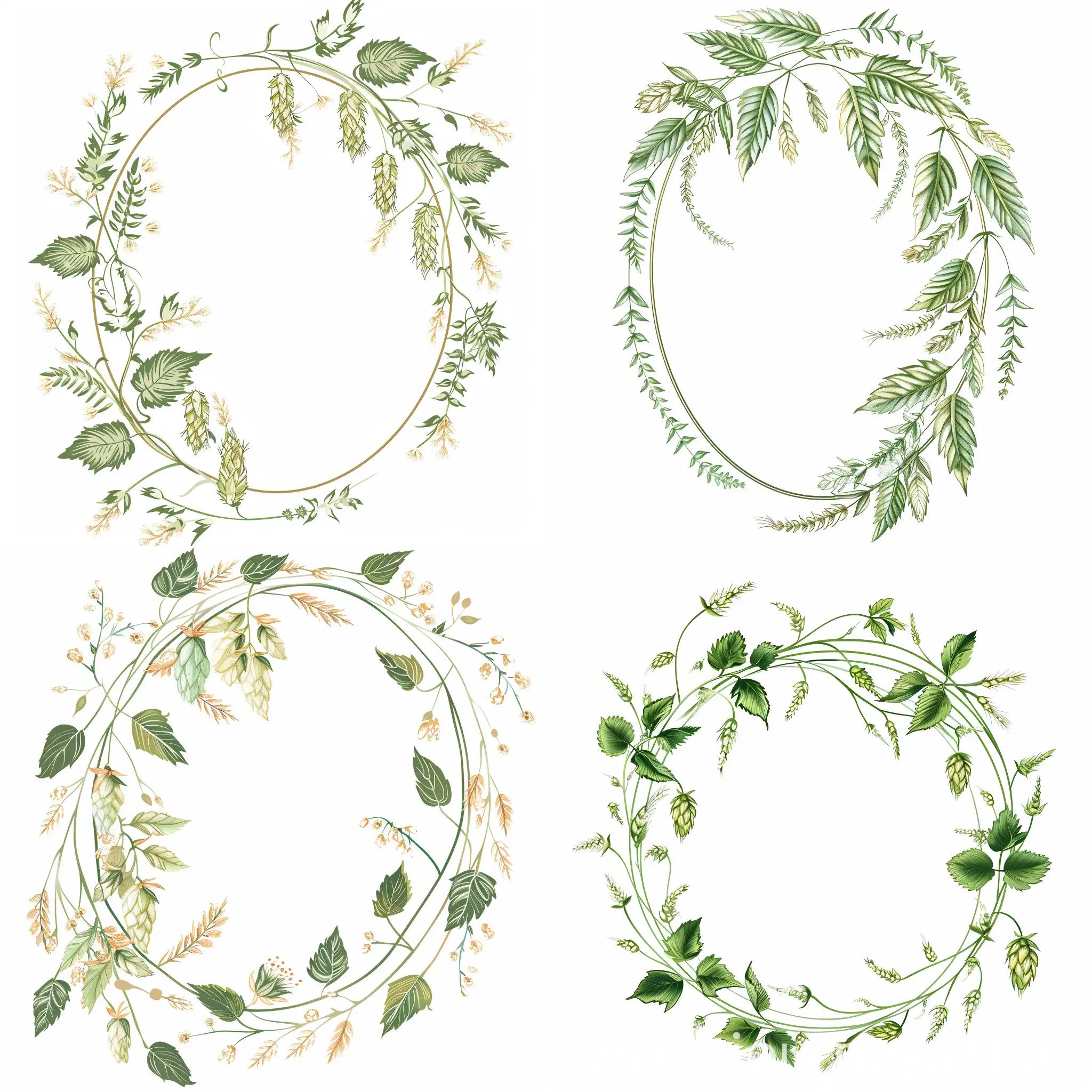 Elegant-VictorianStyle-Oval-Ornament-with-Translucent-Hop-Leaves-and-Barley-Spikelets-on-White-Background