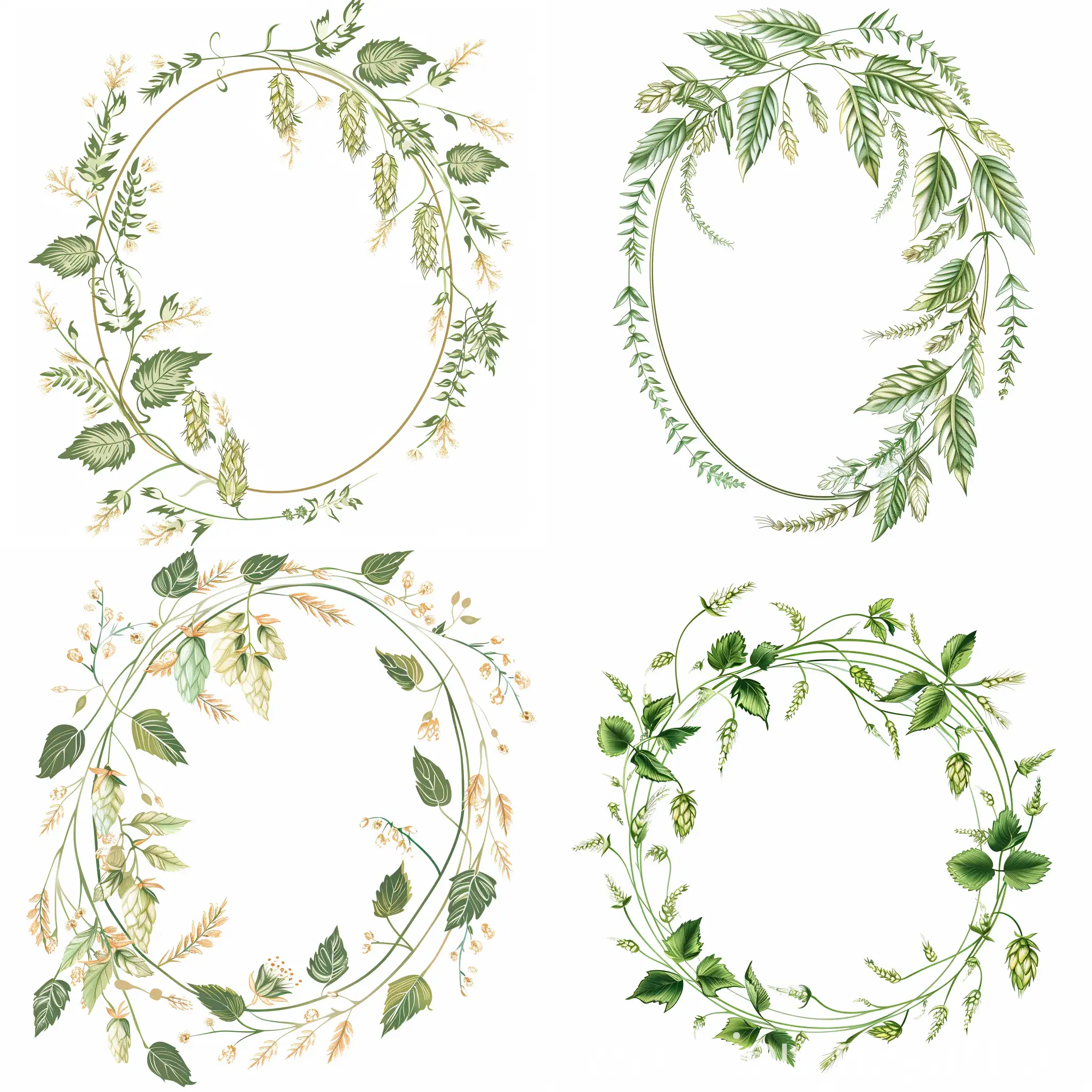 Delicate ornament along the contour of an oval made of translucent small hop leaves and barley spikelets, on a white background, flat illustration, vintage style, Victorian style