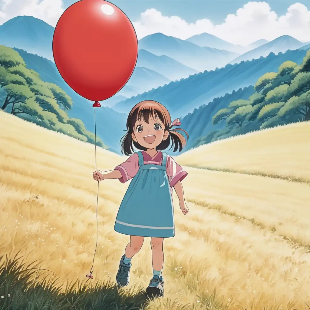 japanese anime inspired, 5-year-old little girl smiling in Hill with a balloon, long shot