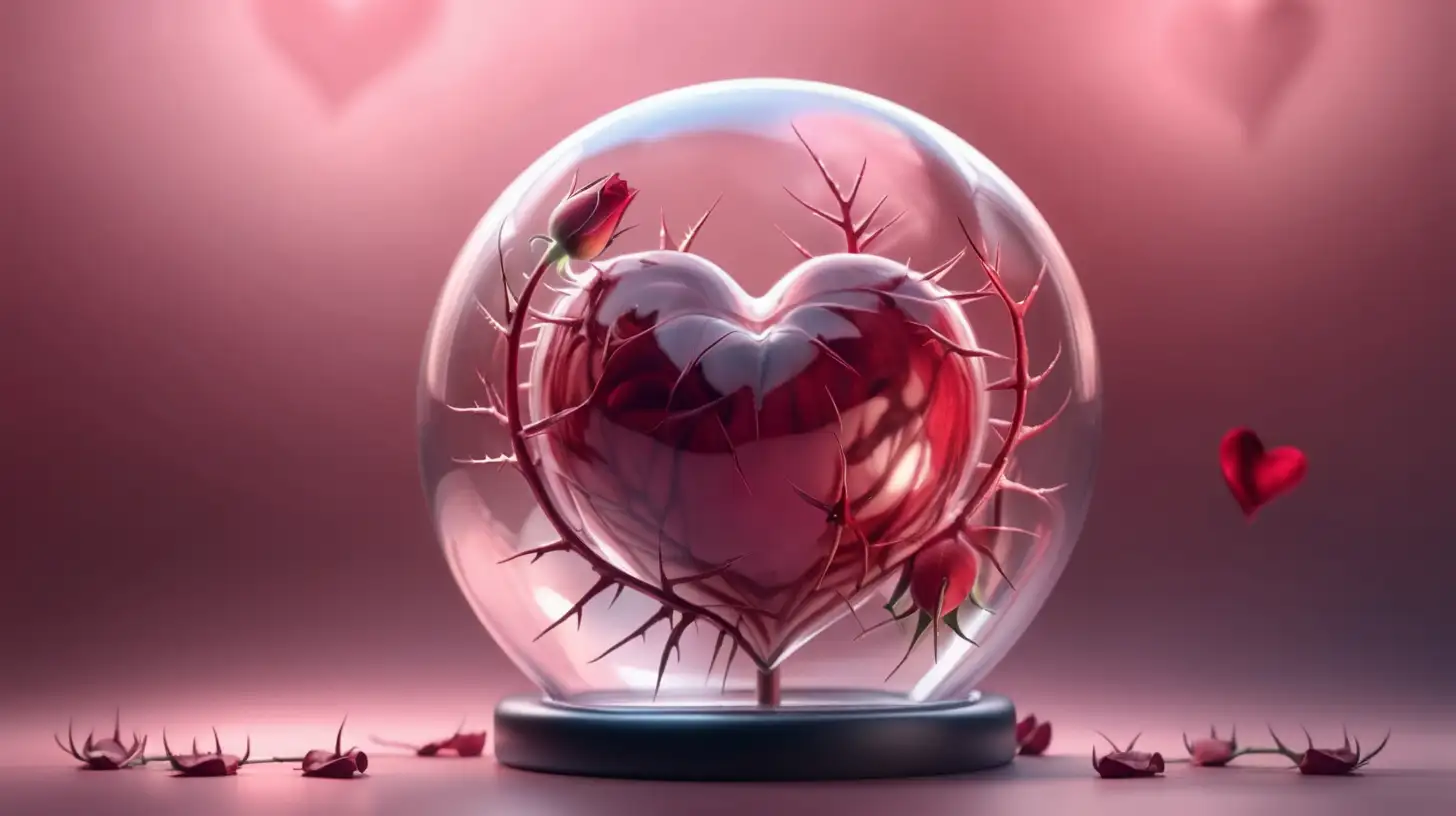 A realistic heart, shapesd as a rose, inside a glass buble shaped as a heart, skars, torns and love. Valentainsday mood and a soft background, Cinematic scenery