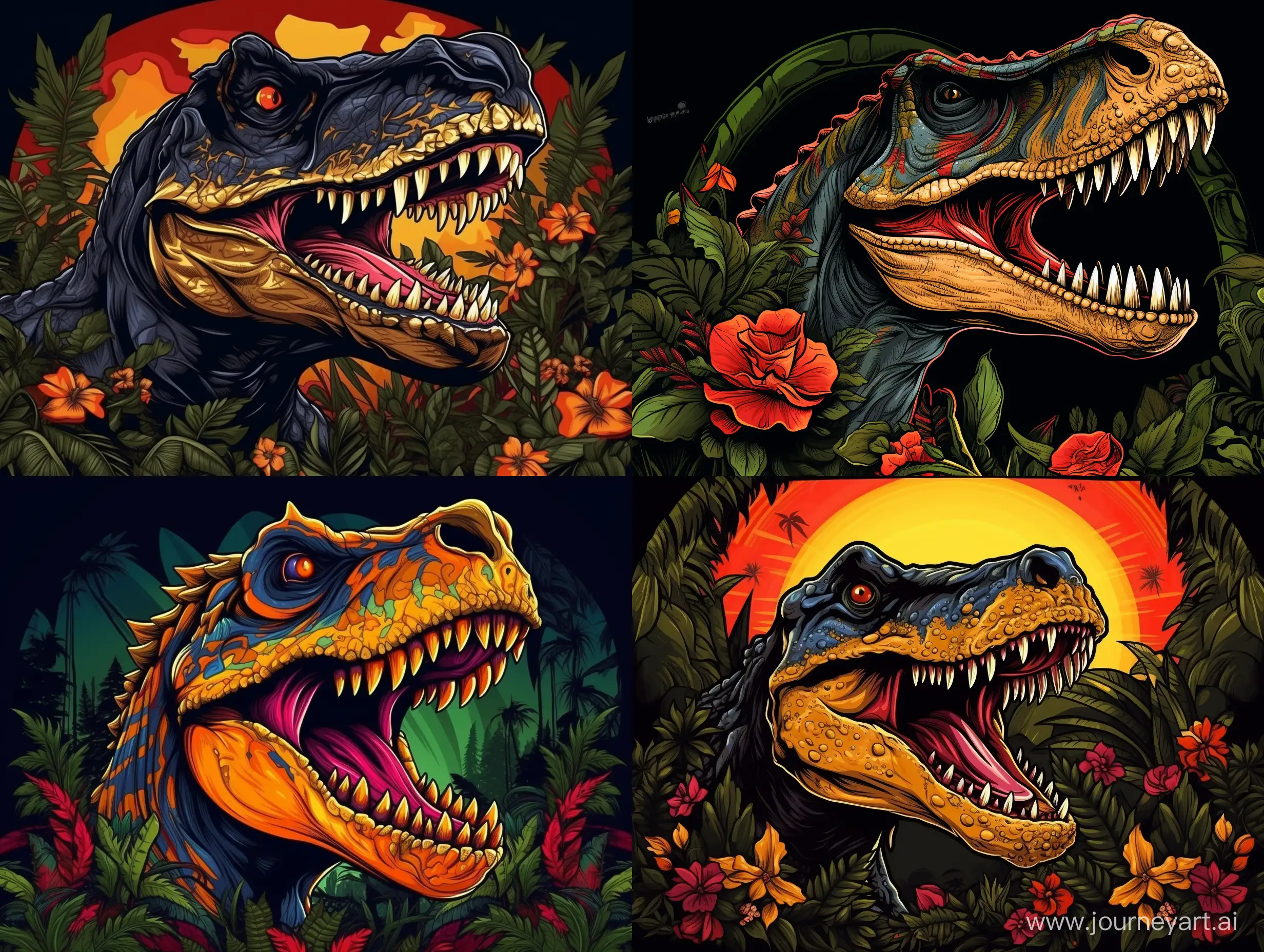 Portrait in profile, evil tyrannosaurus with open mouth, black color, with golden crown on his head, on the background of tropical forest pattern, pop art style, caricature, restrained colors