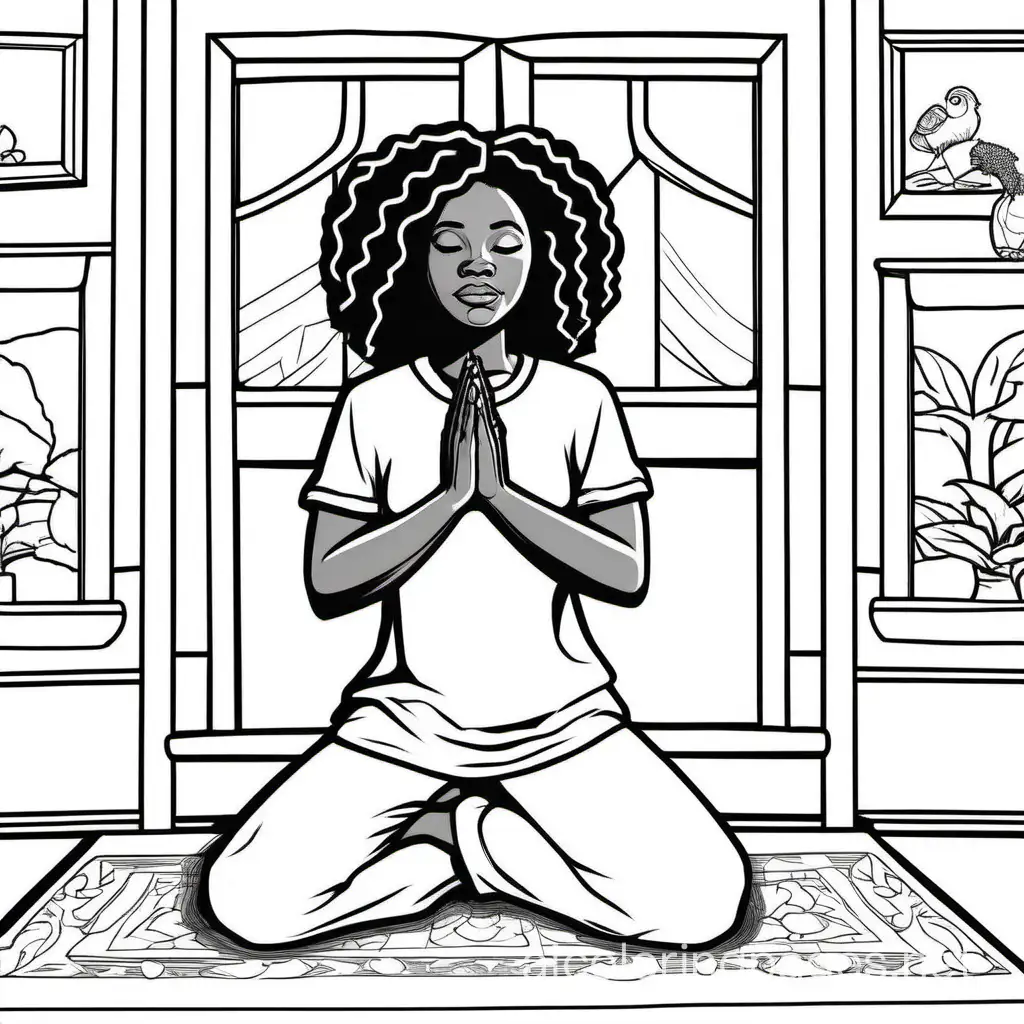 A black woman praying in her house, Coloring Page, black and white, line art, white background, Simplicity, Ample White Space. The background of the coloring page is plain white to make it easy for young children to color within the lines. The outlines of all the subjects are easy to distinguish, making it simple for kids to color without too much difficulty