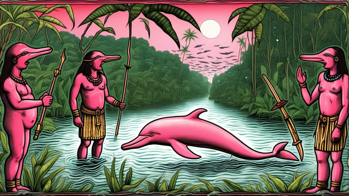 in the Amazon river speaking with a shaman who is part dolphin and part human. More pink dolphins swim in the river behind them. It is raining and the scene is very humid, they're surrounded by wet jungle. In the style of theodore de bry, without any text captions.