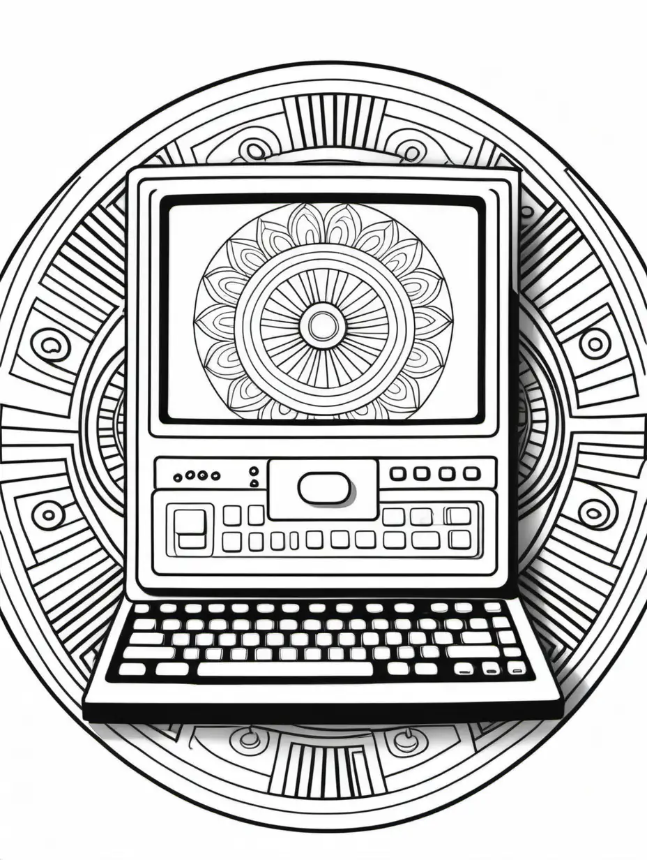 adult coloring book, cartoon drawing, clean black and white, single line, white background, mandala in the shape of 1980s computer with small screen