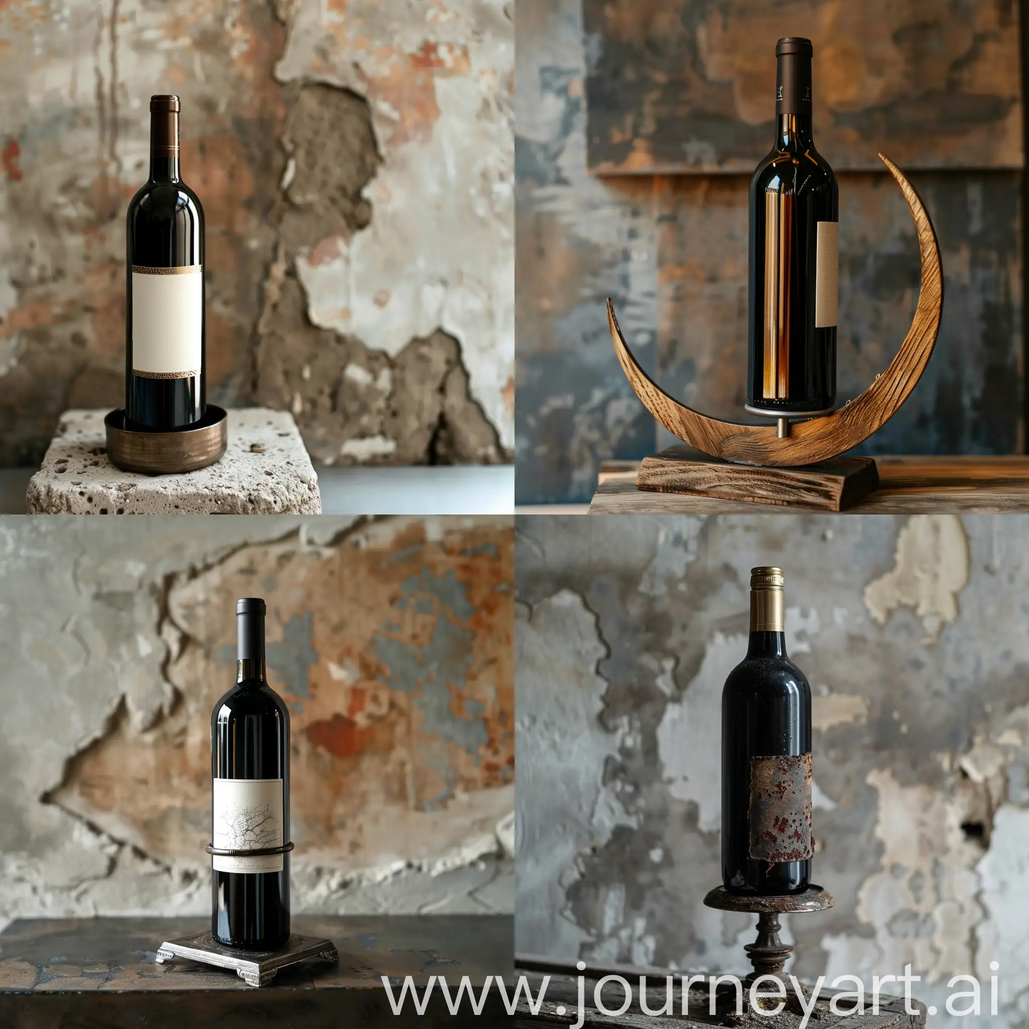 A bottle of wine is kept on a stand and there is a wall behind
