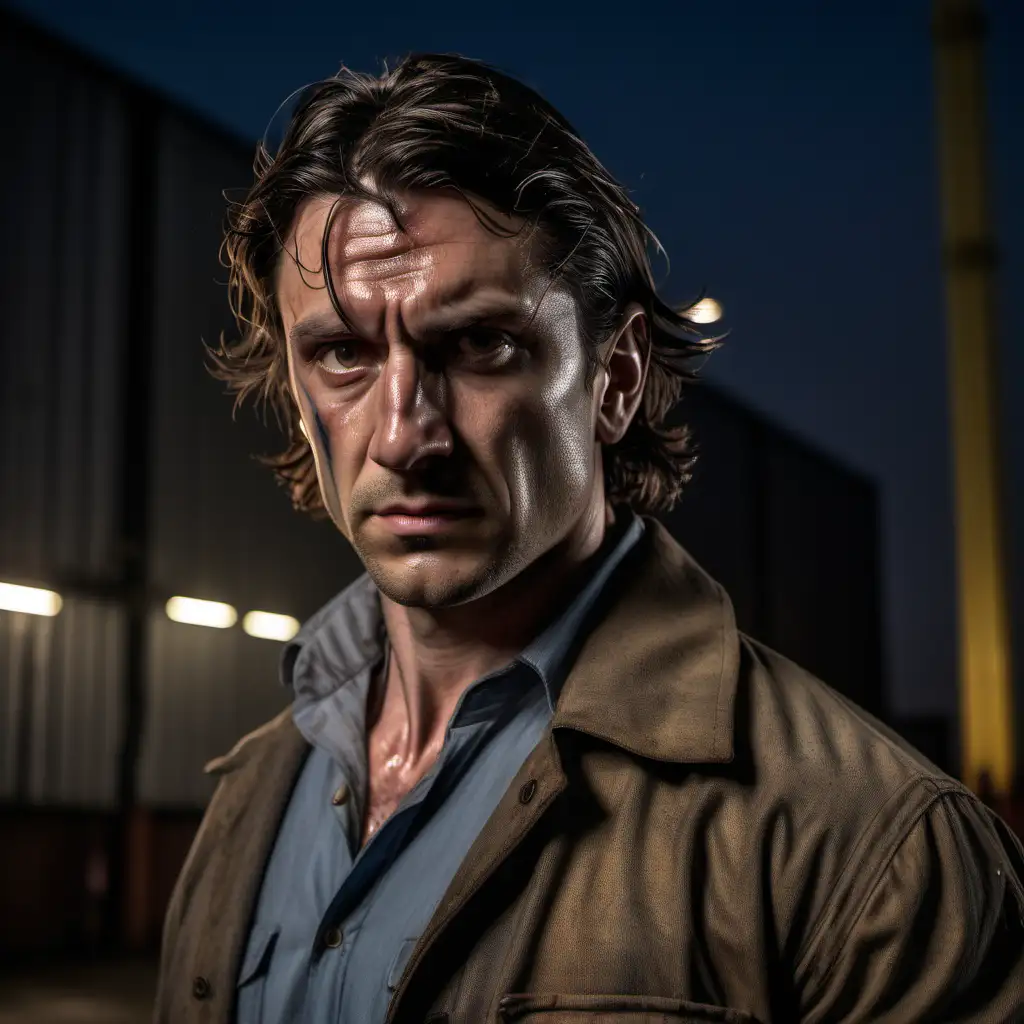 Full colour image. A wiry but muscular man in his 30s with unkempt medium length hair. He is clean of face and has a noticeable scar on his left cheek. He wears work clothes of the 20s. The background is a London warehouse plant at night.
