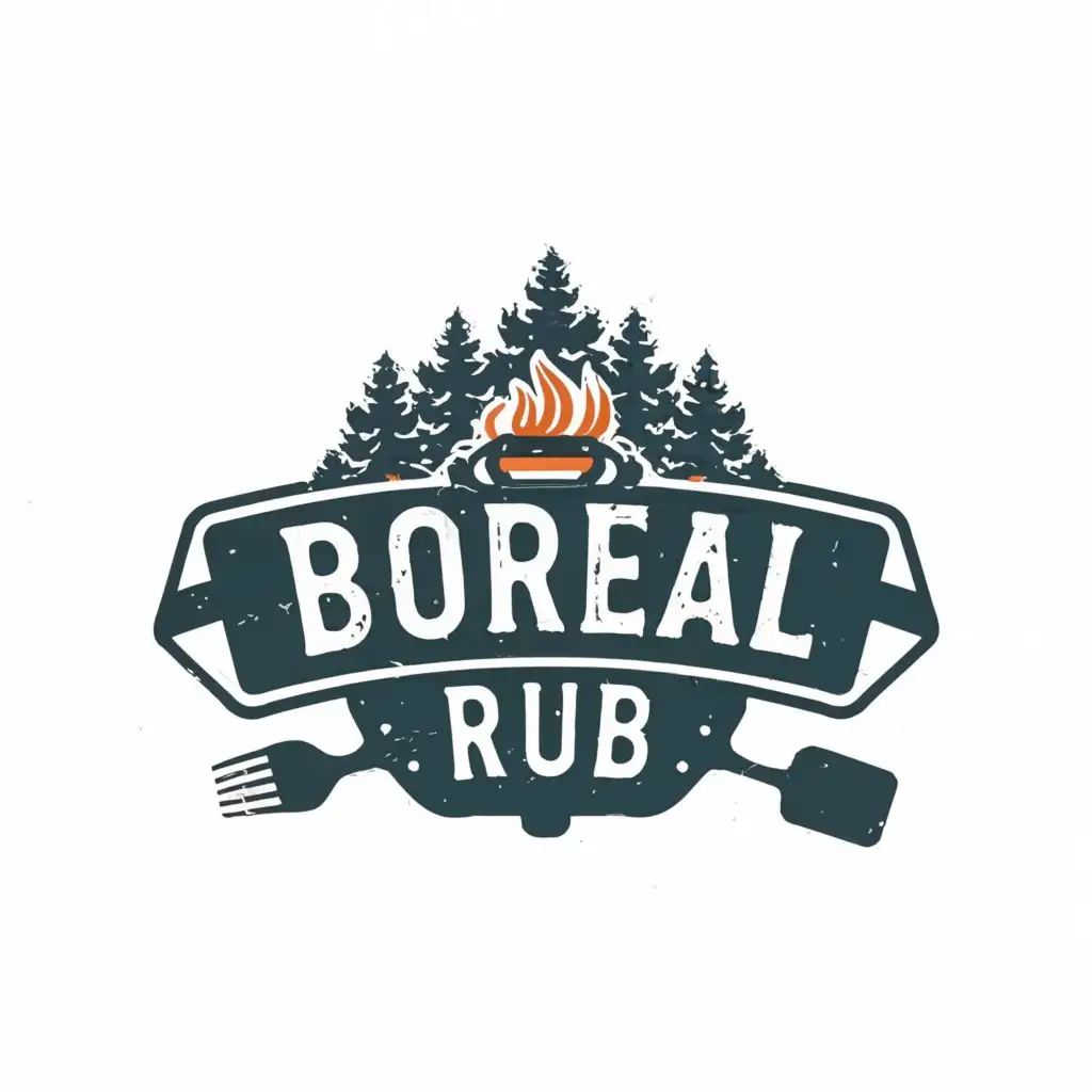 logo, Pine trees background, bbq grill in front, with the text "Boreal rub", typography, be used in food truck industry