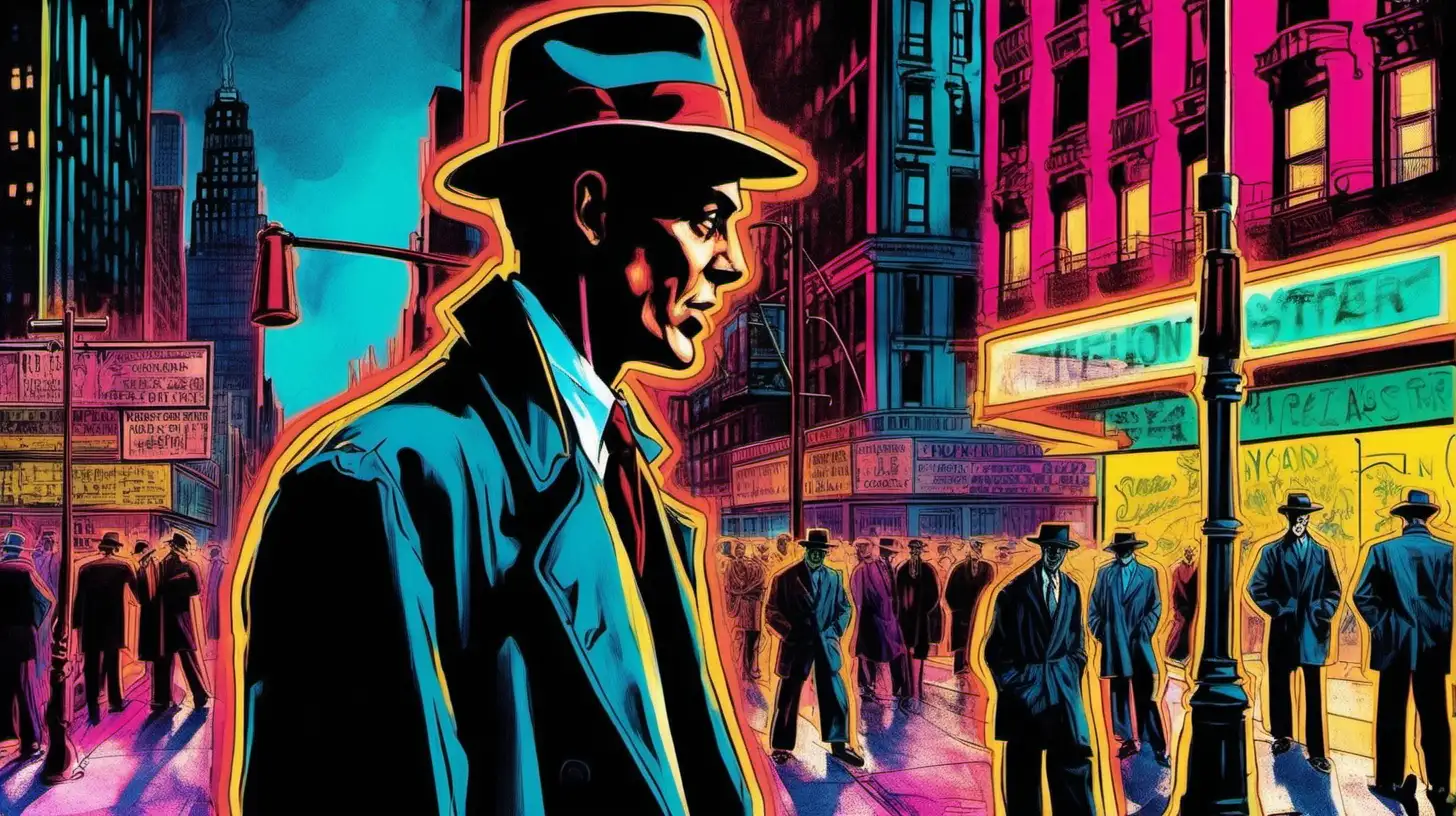 A man in a trenchcoat and fedora, circa 1947, standing on a neon street corner in downtown New York. Full color neon, Neo-Expressionism style. Highly detailed.