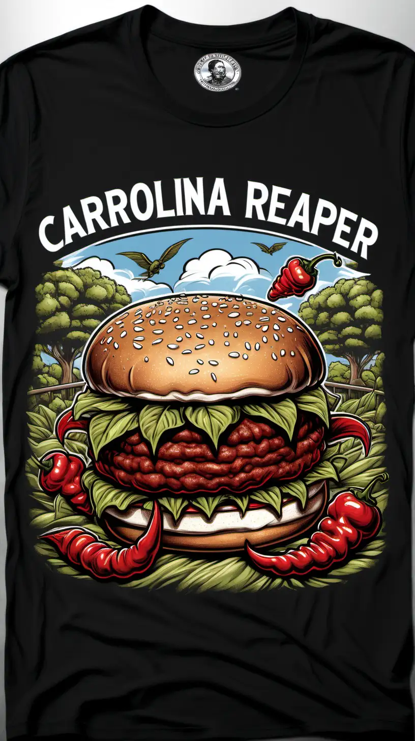 Unique Tshirt Design Featuring Carolina Reaper Realistic Burger Art