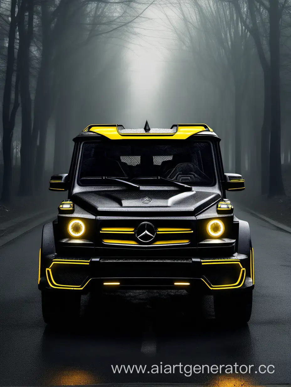 Black-Mercedes-Gelendewagen-Emerging-from-Darkness-with-Russian-Strength-and-Yellow-Accents