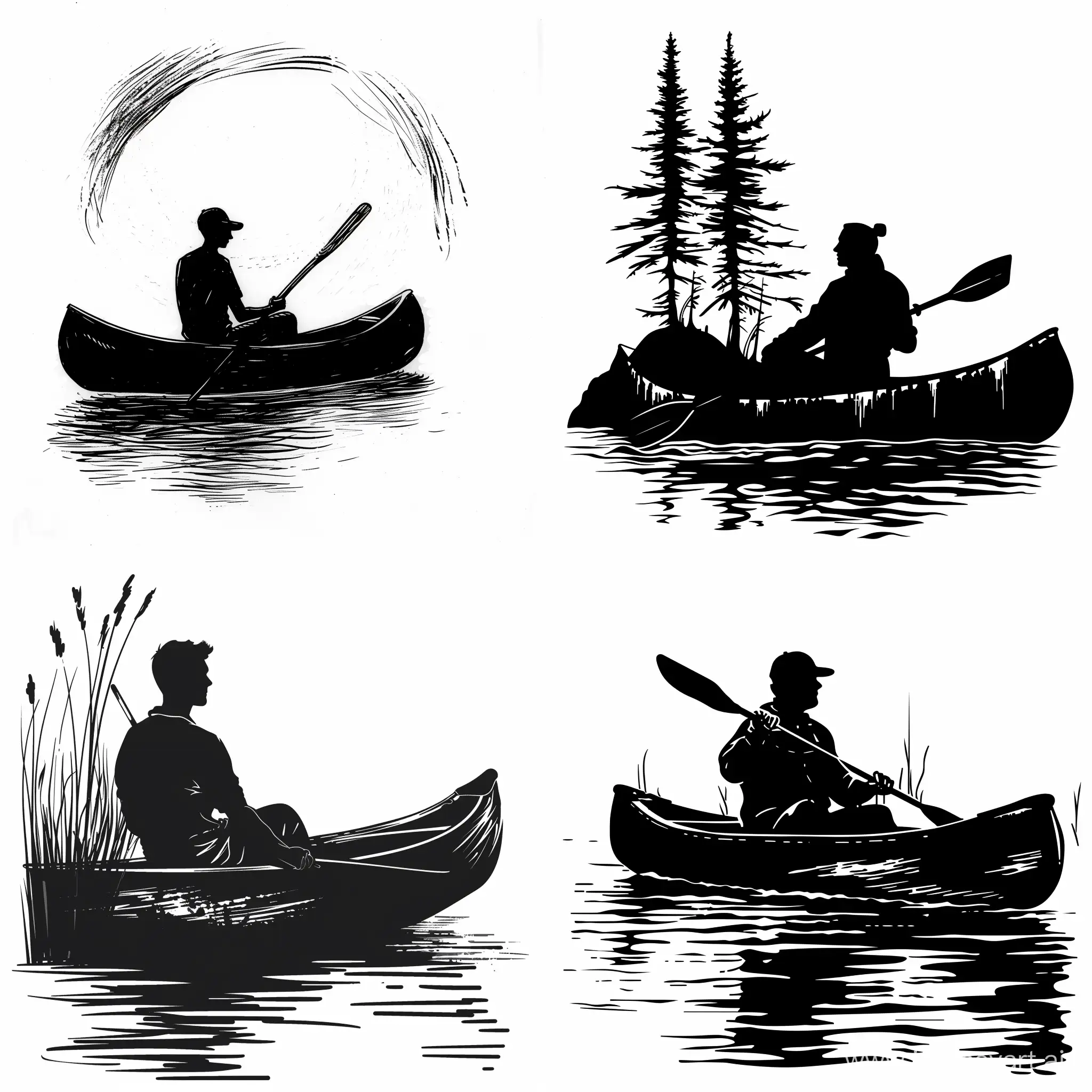 a black and white silhouette illustration of a man sit in a canoe