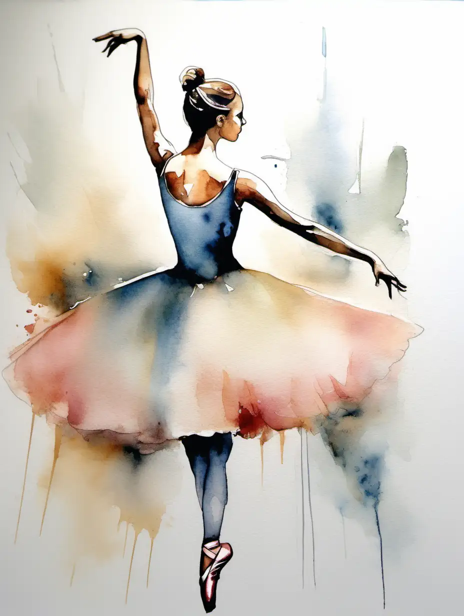  act as a modern abstact painter. use aquarelle, soft colors, draw an abstract of a dressing ballerina using wide brush. keep the bachground white
