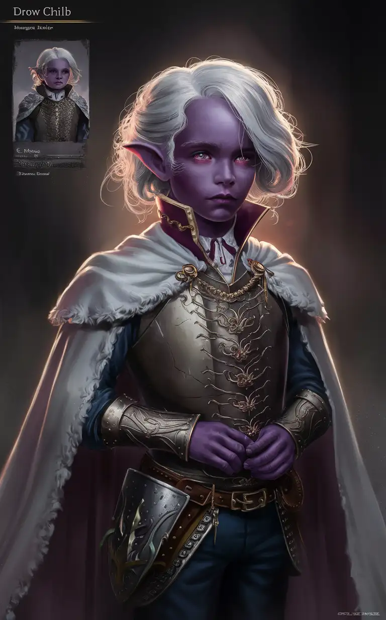 young male drow child, aubergine skin, white hair, red eyes, noble clothes, dnd fantasy videogame character reference sheet