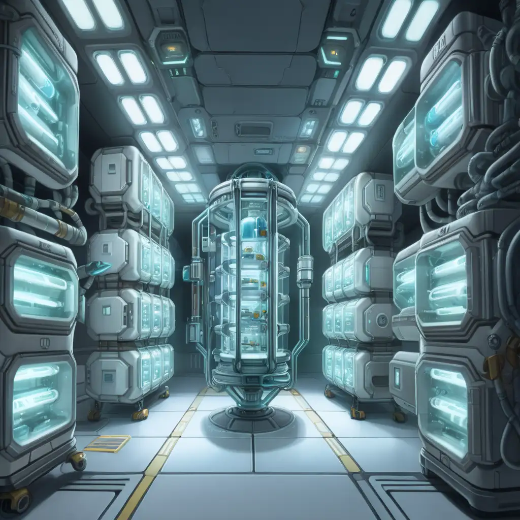  inside a space station, spacious laboratory, vertical incubators tubes glowing, dim