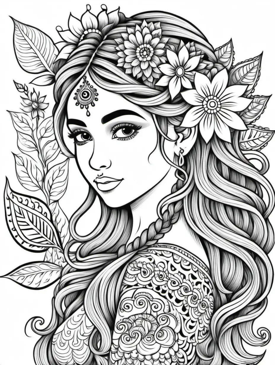 HennaAdorned Girl Intricate Coloring Page with Floral Accents