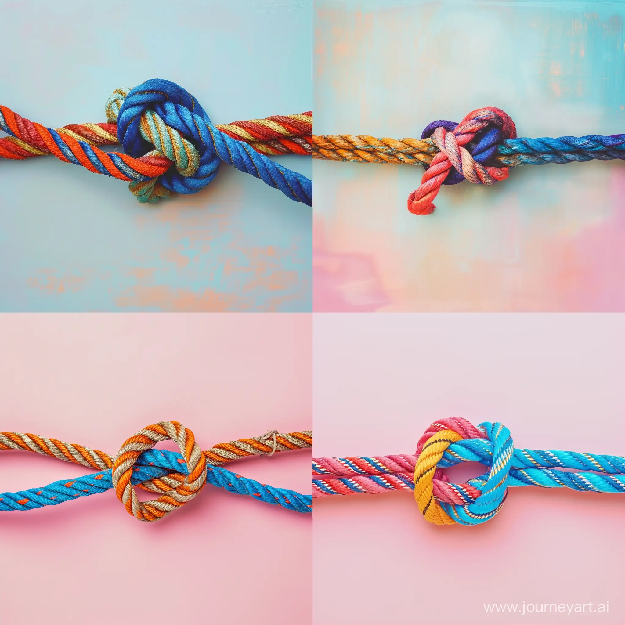 two ropes of different colors tied into a knot on light pastel background