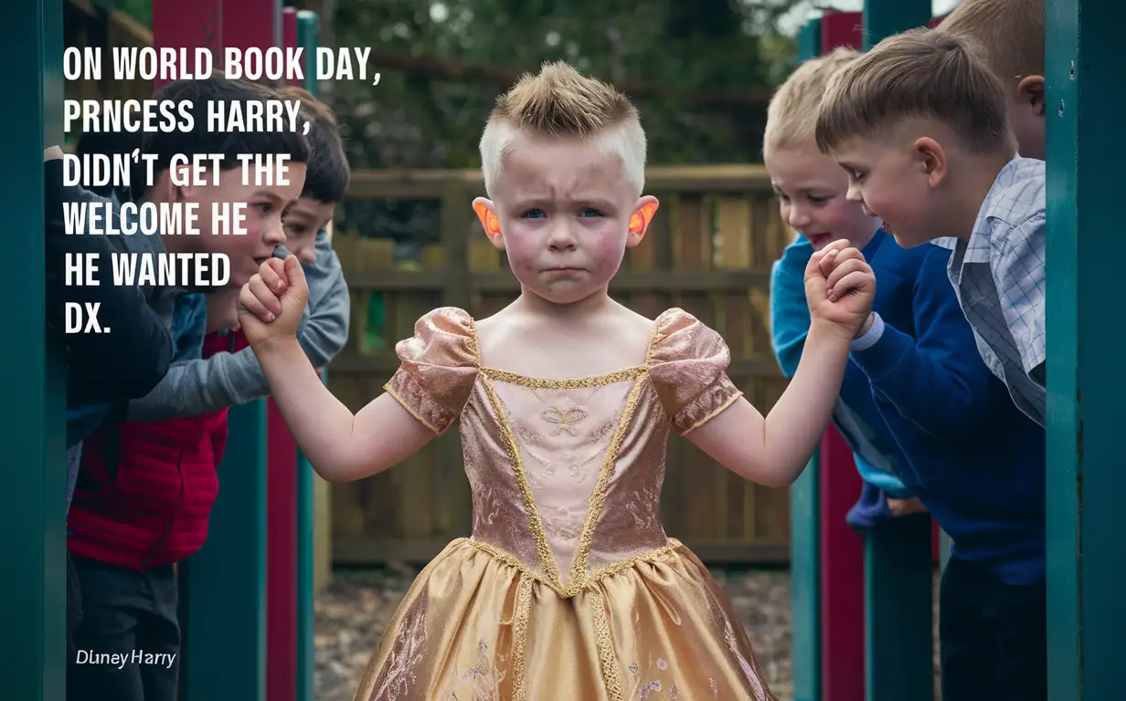 A cute young boy, full-body, facing the camera, able to see the facial features and short smart spiky blonde hair shaved on the sides, bravely transforms into a golden Disney Princess for World Book Day standing in the playground, the boy is sad that his so-called friends are bullying him, photograph style, the photograph is captioned “On World Book Day, Princess Harry didn’t get the welcome he wanted DX”