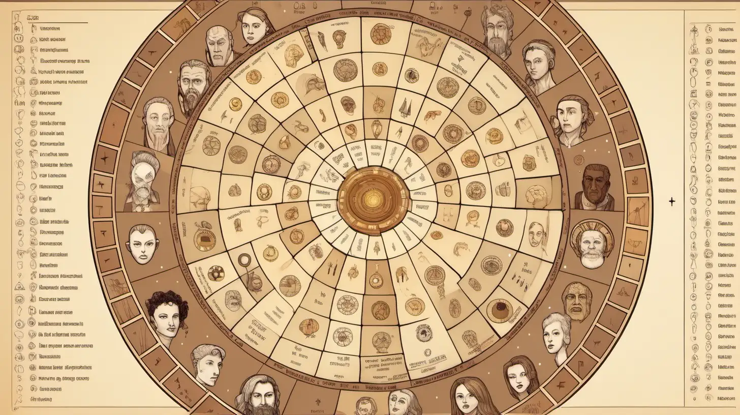 Astrological wheel with character cheat sheet, speaking human faces, muted colors , puzzle-like elements