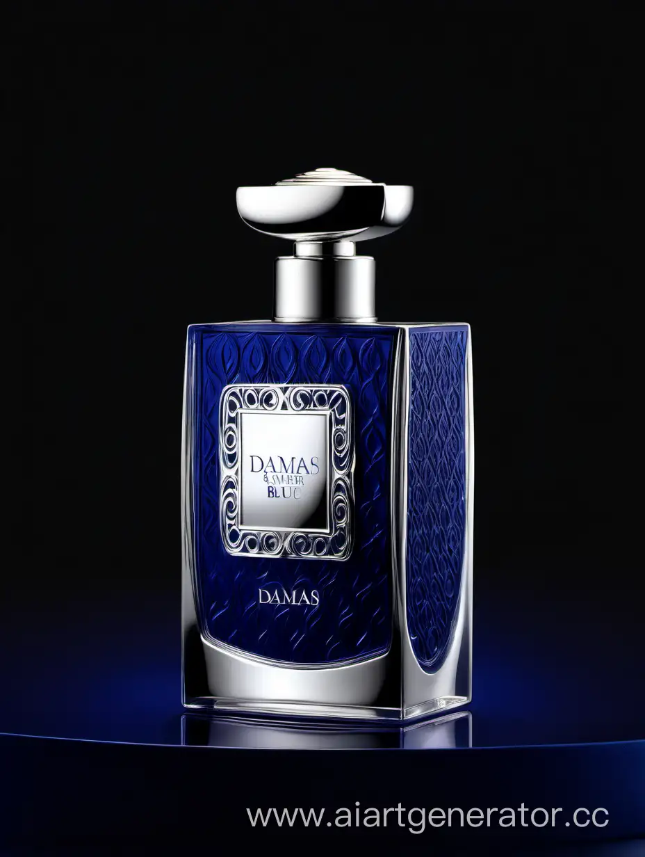 Luxurious-Silver-and-Dark-Matt-Blue-Perfume-with-Intricate-3D-Details-on-a-Black-Background