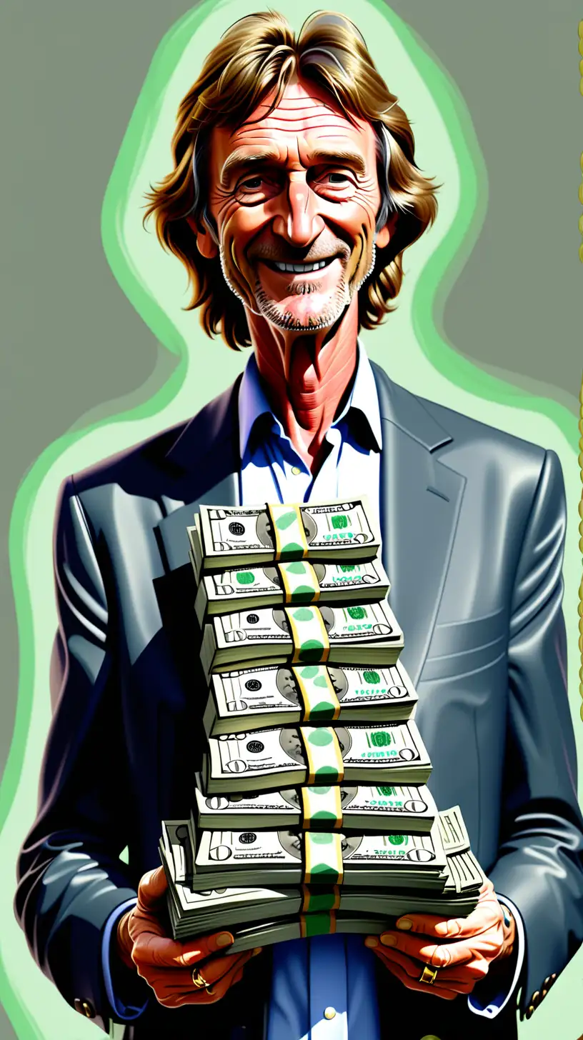 Drawing of billionaire Jim Ratcliffe holding a stack of dollar bills
