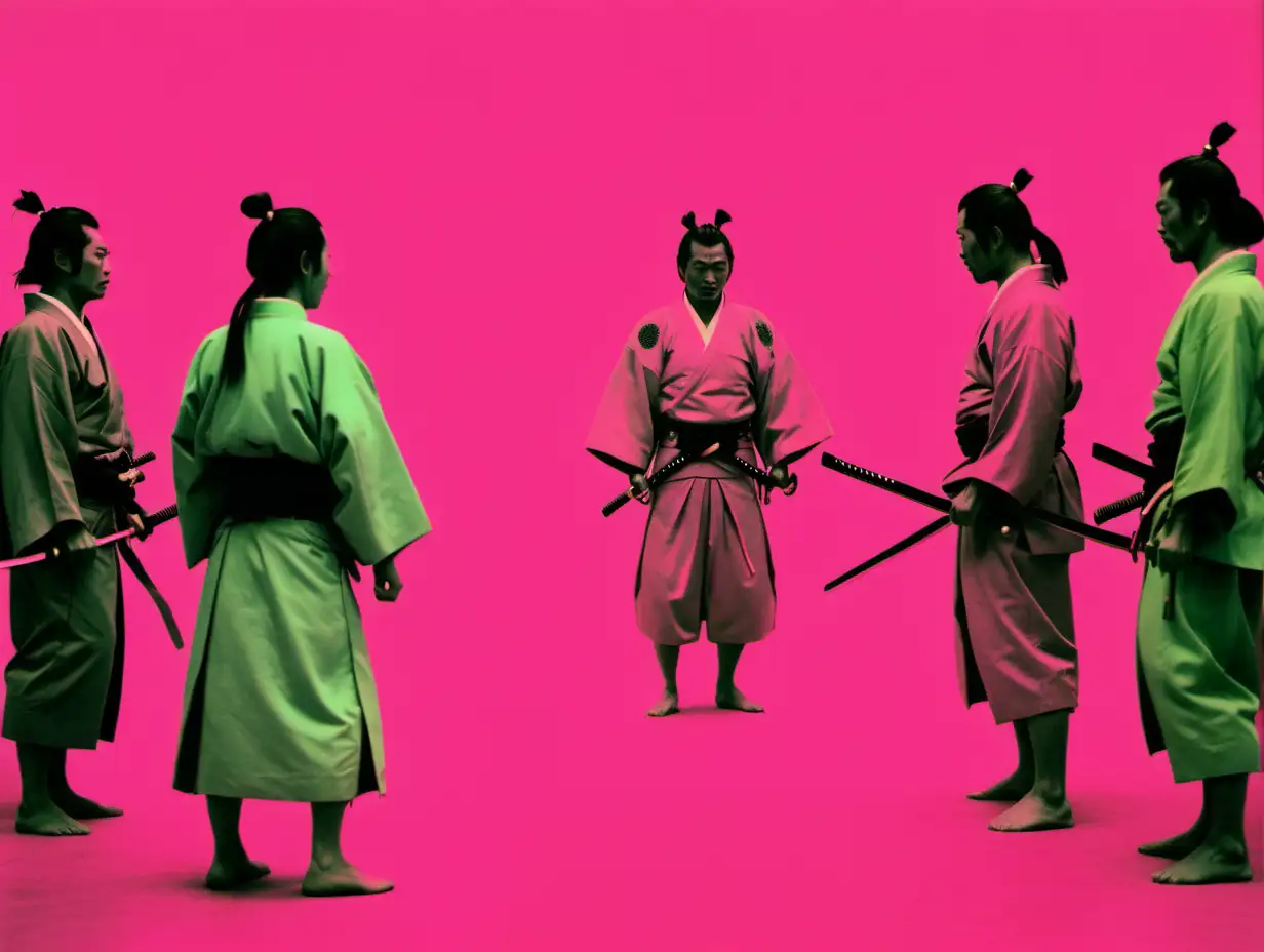 1985, film still, samurai, Enzo circle, duotone pink and green