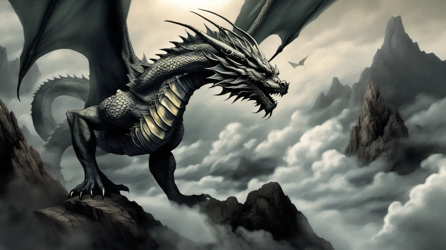/imagine prompt: a digital painting depicting an imposing dragon in the foreground dominating the canvas. Render the dragon itself in an ultra-detailed, photorealistic hyperrealist style showing each individual scale in sharp focus. However, use traditional East Asian brush painting techniques for the background and secondary elements. The background should consist of muted, washed out shades of black and gray bleeding into each other, with loose strokes visible from the brush. Add swirling rough textures emerging from the background to frame the dragon. Intertwine a few smooth gradients of color through the background nebula shapes to complement the hyperreal dragon. Transition between the sharp detailed foreground dragon and soft blurred background by fading and melding the edges together. Aim for an unsettling but captivating contrast between focus areas that creates depth and directs all attention onto the central dragon.
