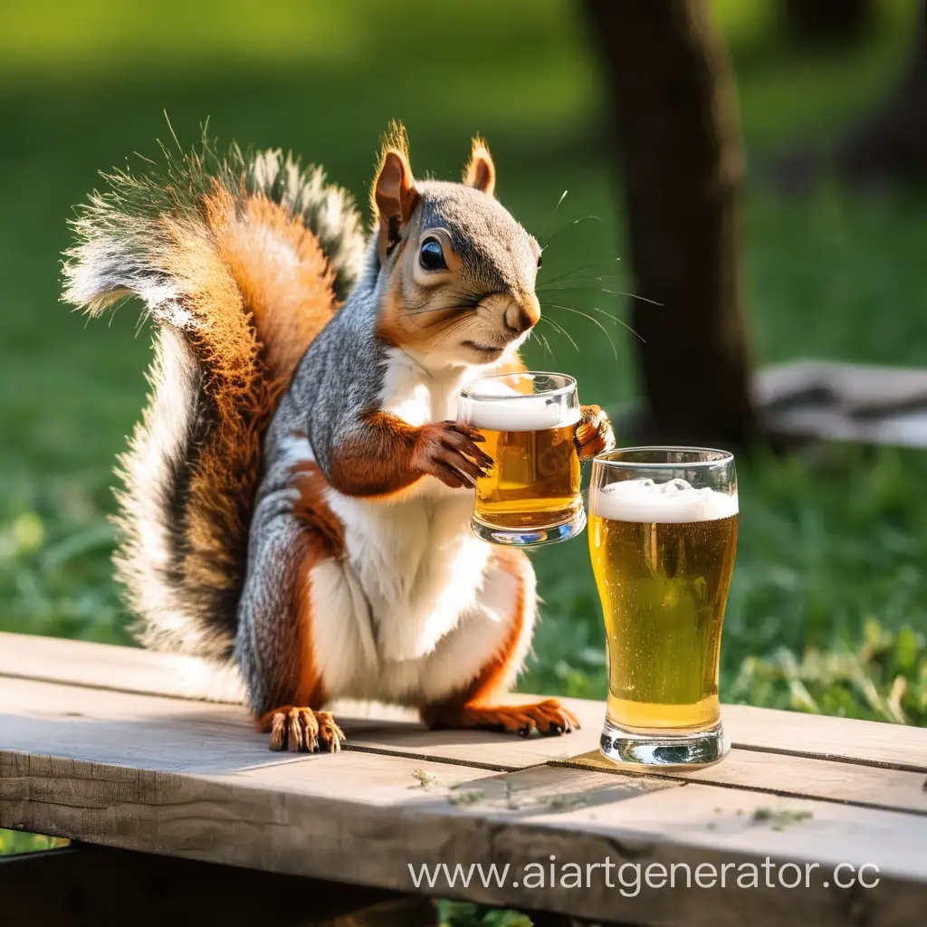 The squirrel drinks beer