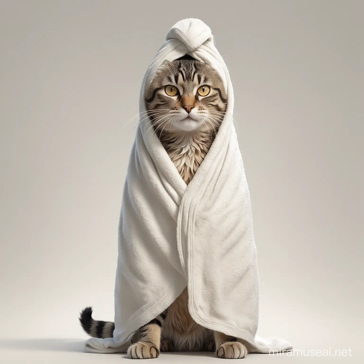 realistic full body shot of a cat with towel, towel on head singing in the microfone, cartoonish, inventive character designs, color settings, 
highly detailed digital art, fixed on white background, watercolor effect, james gurney art --v 5.2 --s 250
