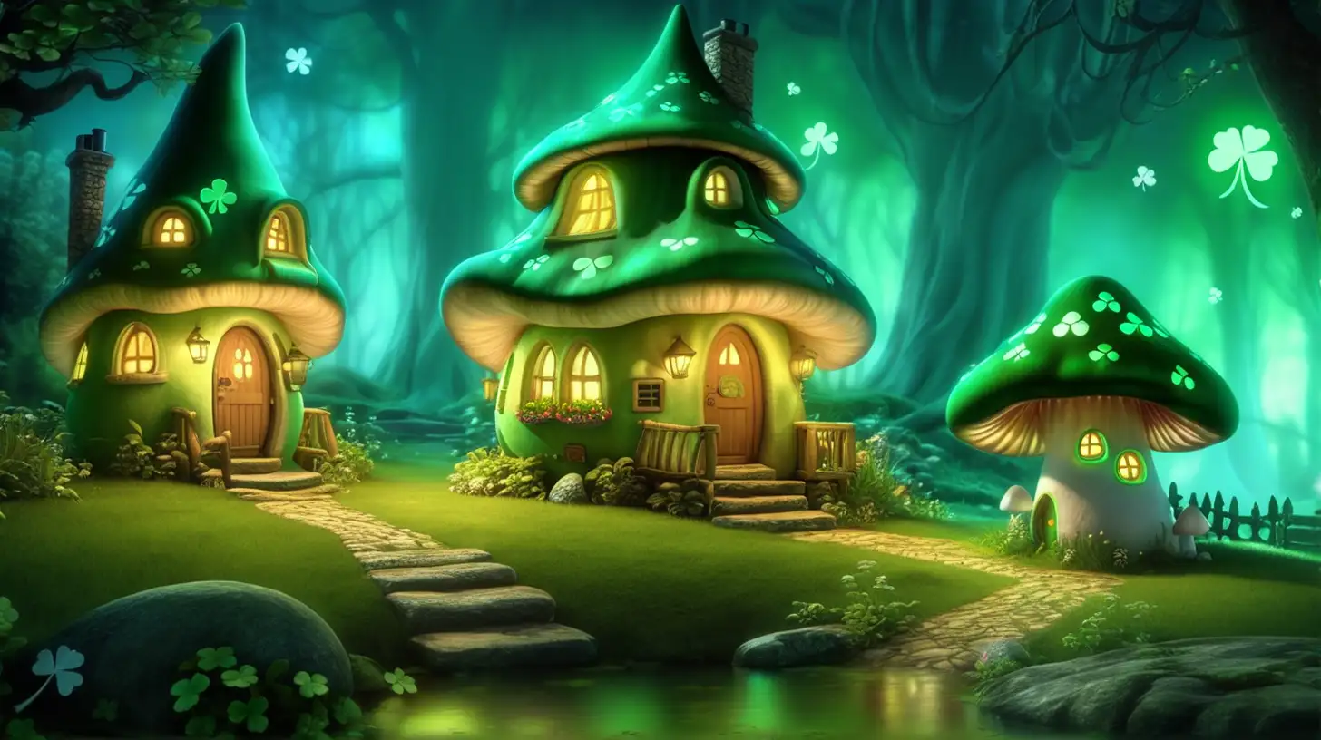 Enchanting Fairytale Scene Glowing Shamrock Mushroom Cottages