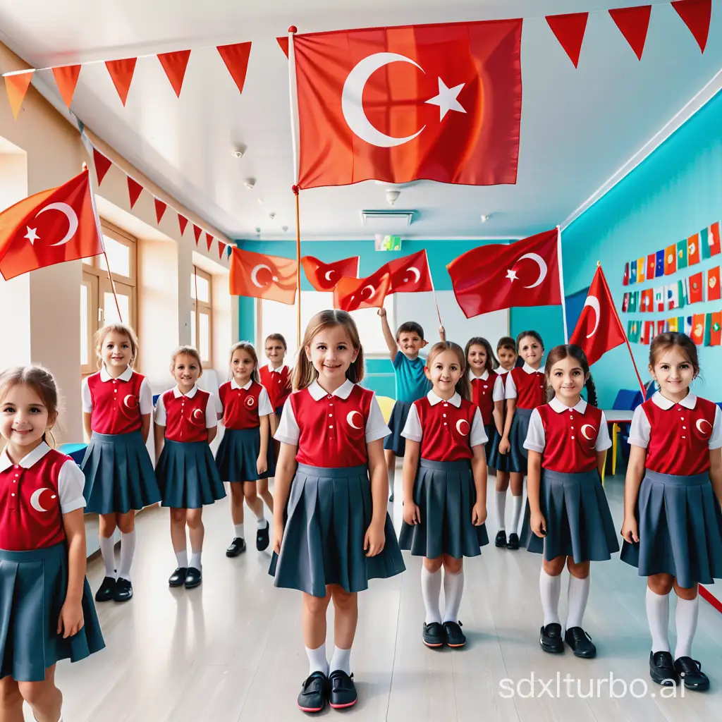 Celebrate April 23rd Children's Day at school. Decorations with Turkish flags. Happy children in the picture.