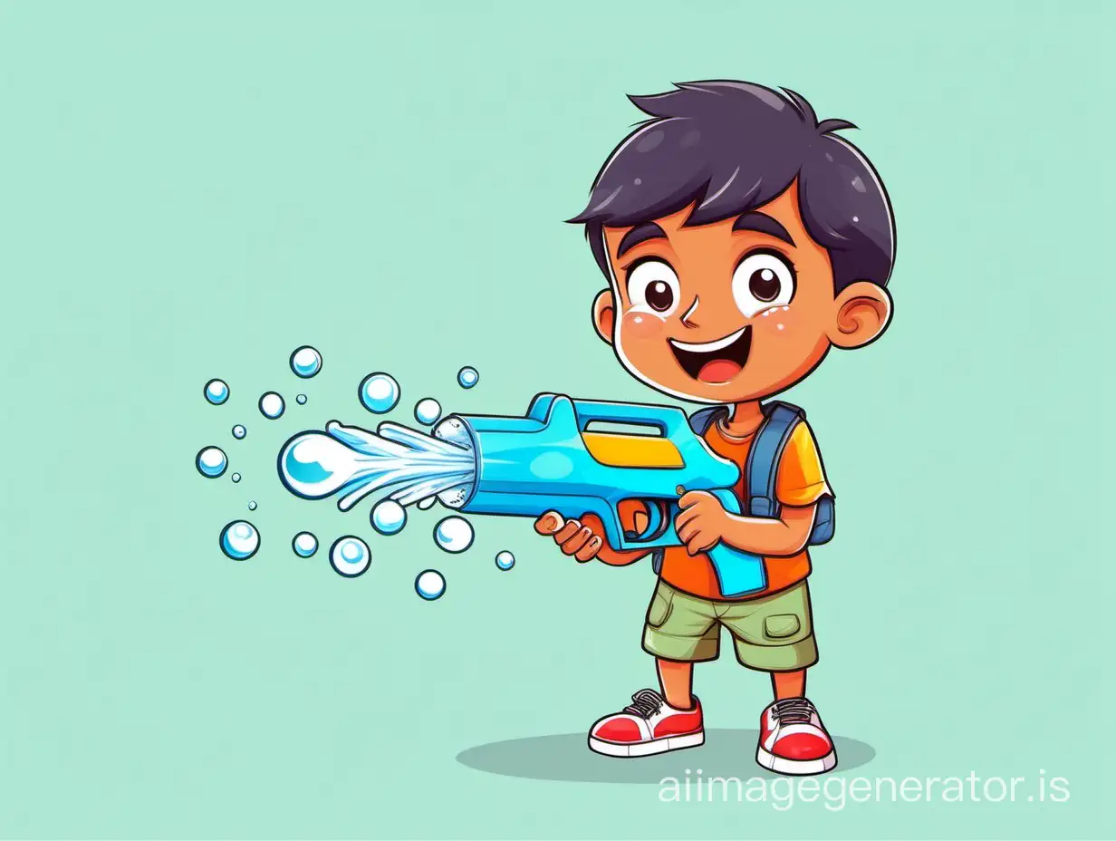 Boy playing with water gun, isolated, white background, cartoon style.