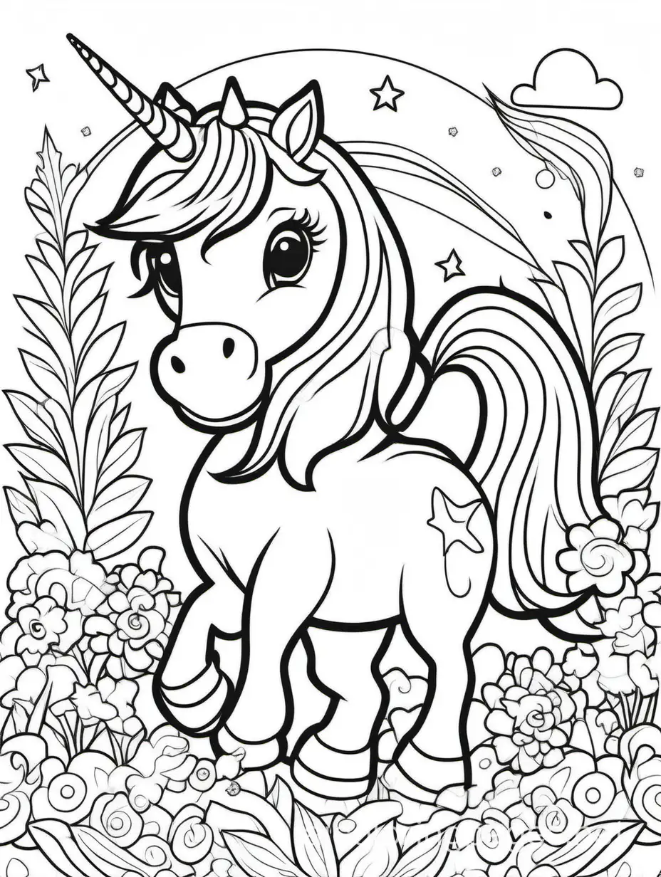 cute unicorn with kids, Coloring Page, black and white, line art, white background, Simplicity, Ample White Space. The background of the coloring page is plain white to make it easy for young children to color within the lines. The outlines of all the subjects are easy to distinguish, making it simple for kids to color without too much difficulty