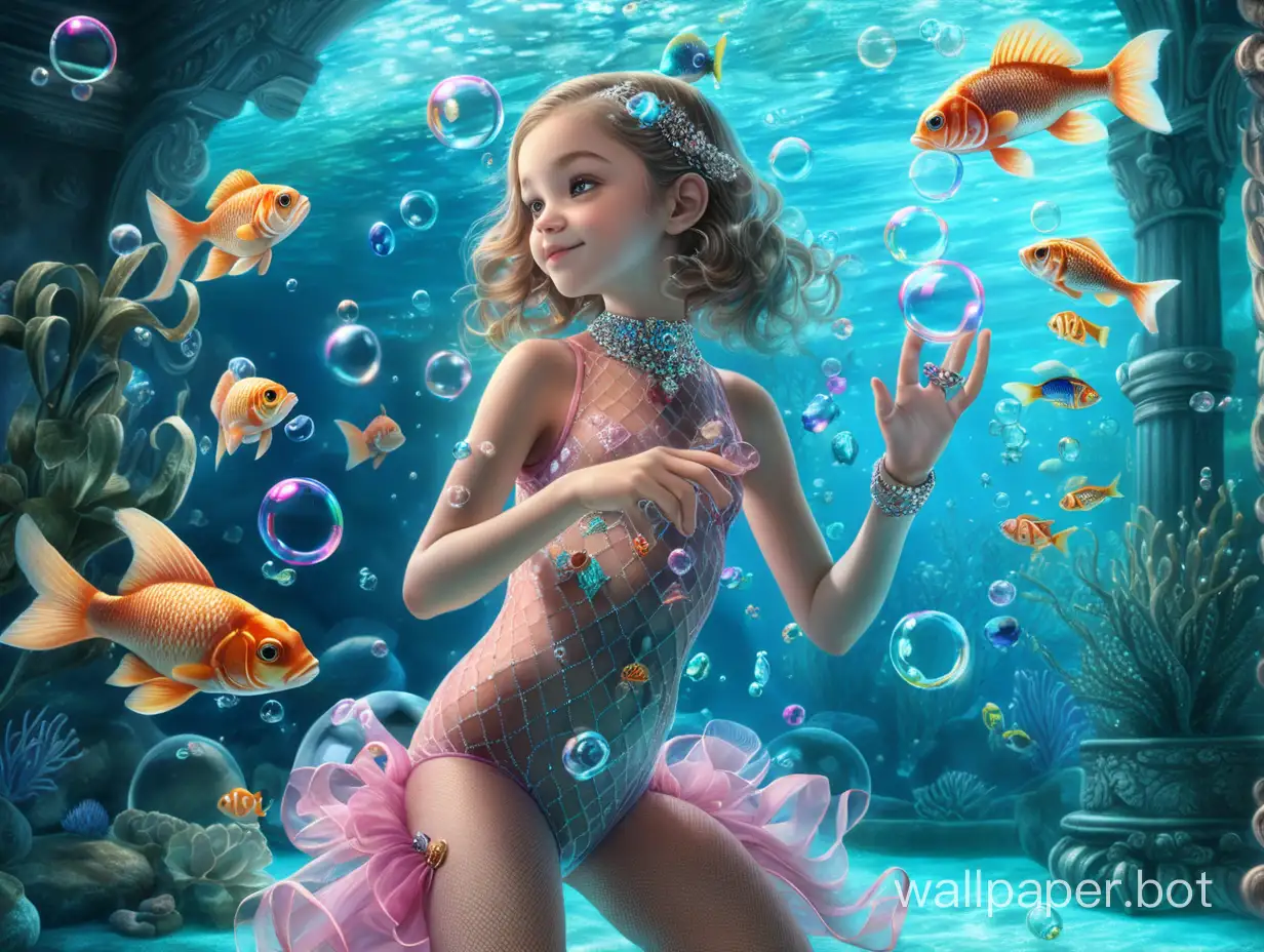 A happy 13-year-old girl in a bodystocking with jewels swims in a full-length aquarium with Rococo fish, blowing bubbles.