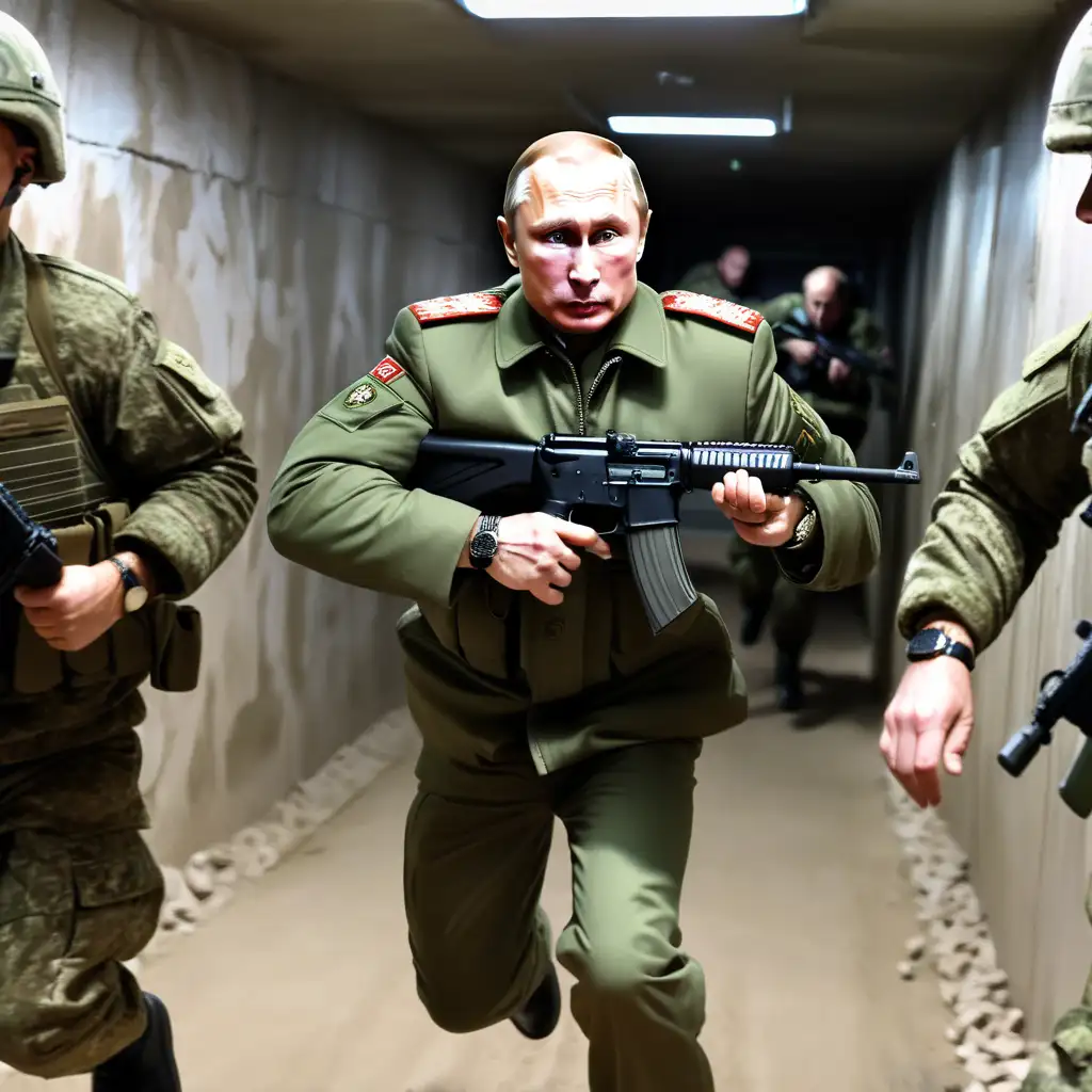 Putin is very afraid. His face looks scared. He is running though the the bunker. Soldiers are trying to capture him and threaten him with the gun. 