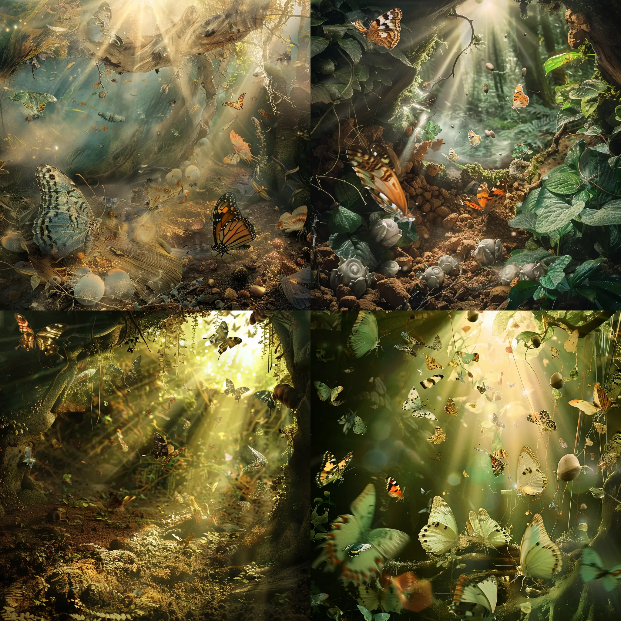 a dreamscape that represents the garden of eden, forest ground, sunlight peaking, eve, metamorphosis, change, transition, caterpillars, butterflies, cocoons, ethereal, salvador dali-esque 