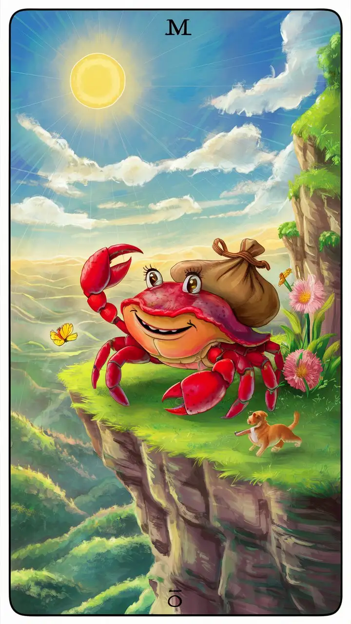 Generate an image of a crab with brightly colored shells, standing on the edge of a cliff overlooking a vast landscape, under a sunny sky with fluffy clouds. The crab has an innocent and carefree expression on its face, with one claw raised as if in greeting. It carries a small sack tied to a stick over its shoulder, symbolizing its journey into the unknown. Surrounding the crab are symbolic elements like a blooming flower, a butterfly, and a playful dog. The overall style should evoke the look and feel of a traditional tarot card.