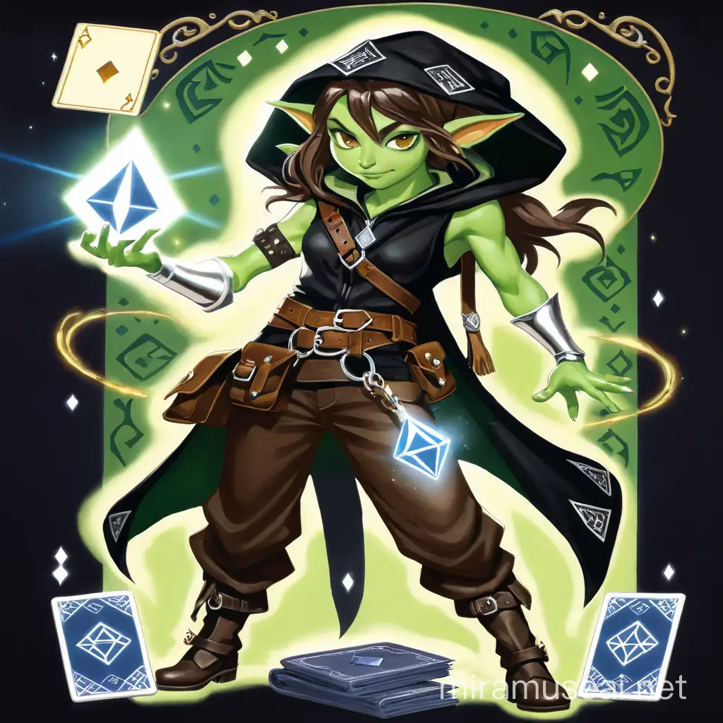 Young goblin girl, green skin, silver eyes, brown hair, black hooded vest with silver embroidery, brown pants, black boots with silver buckles, hip pouches, thigh pouch, belted harness, magic rod topped with a diamond in the right hand, tarot card in the left hand, bracers are black with silver runic engravings.