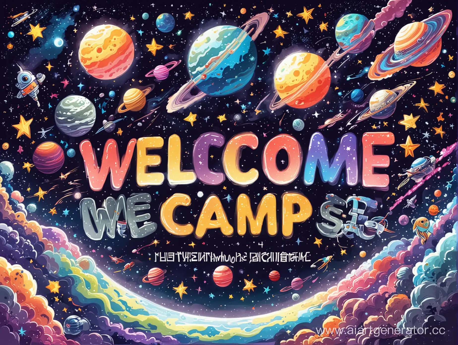 drawing of a welcome poster for a children's camp, space theme, many colors, a little anime style