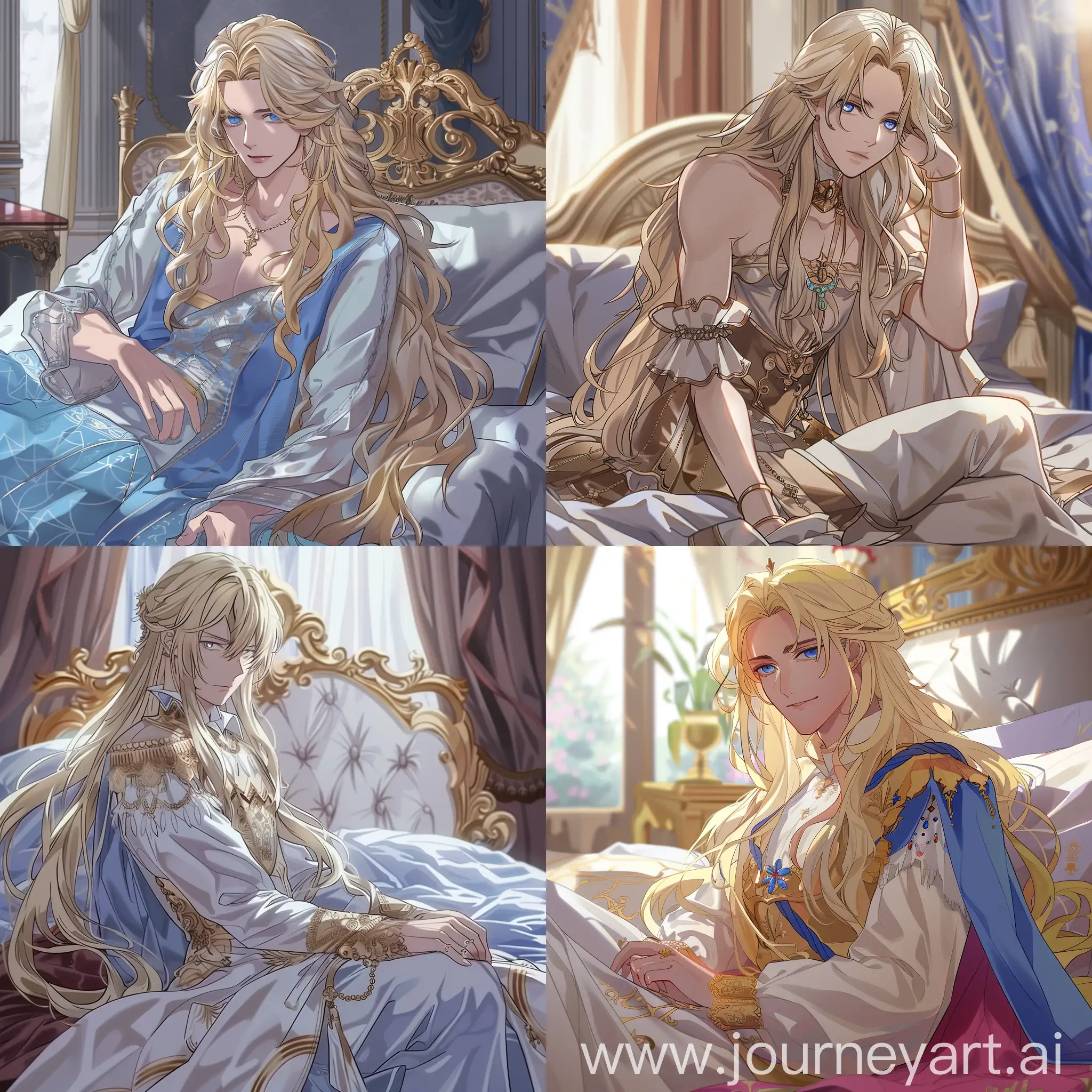 Young man, blonde, long hair, blue eyes, smooth white skin, in a royal female dress, on a bed, anime style