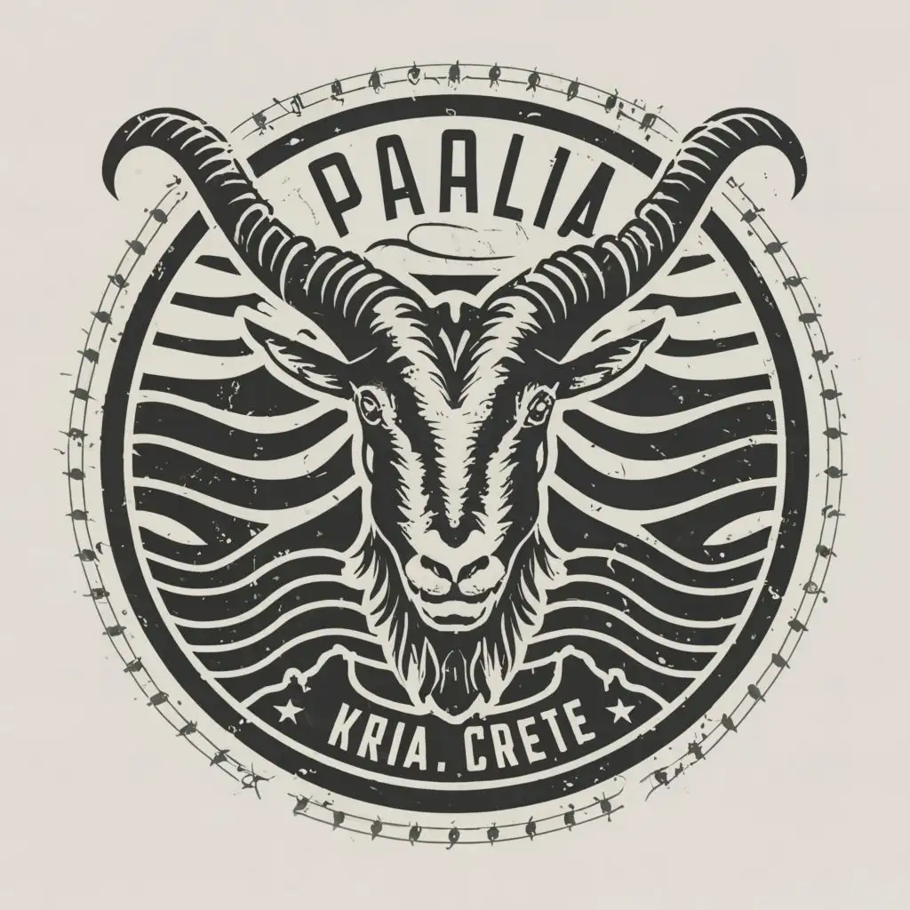 logo, Black and white majestic Greek mountain goat head with Greek style ocean waves around, with the text ""paralia kri kri" Chania, Crete", typography, be used in Retail industry