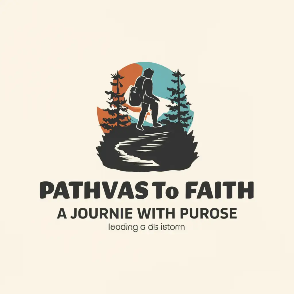 a logo design,with the text "Pathways to Faith: A Journey with Purpose", main symbol:hiking, trees and a pathway in the middle,Moderate,clear background