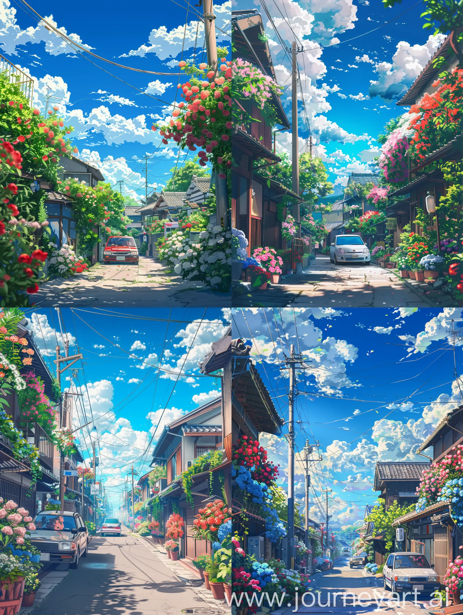 A simple Japanese street, full of flowers and a car.  Blue sky with clouds, anime style. anime details.